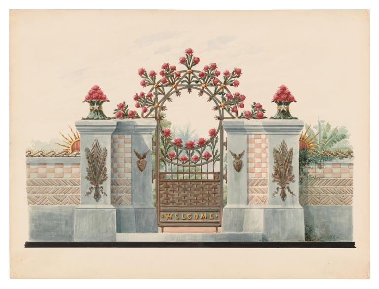 Bookplate design entitled 'Wrought Iron and Enamelled Bronze Gate'