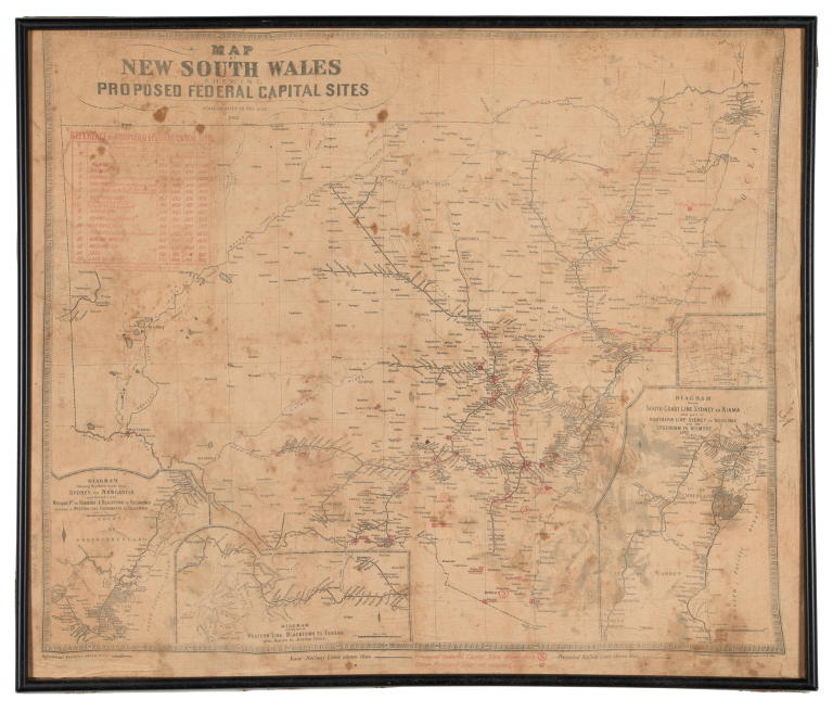 Railway map of NSW showing proposed Federal Capital sites