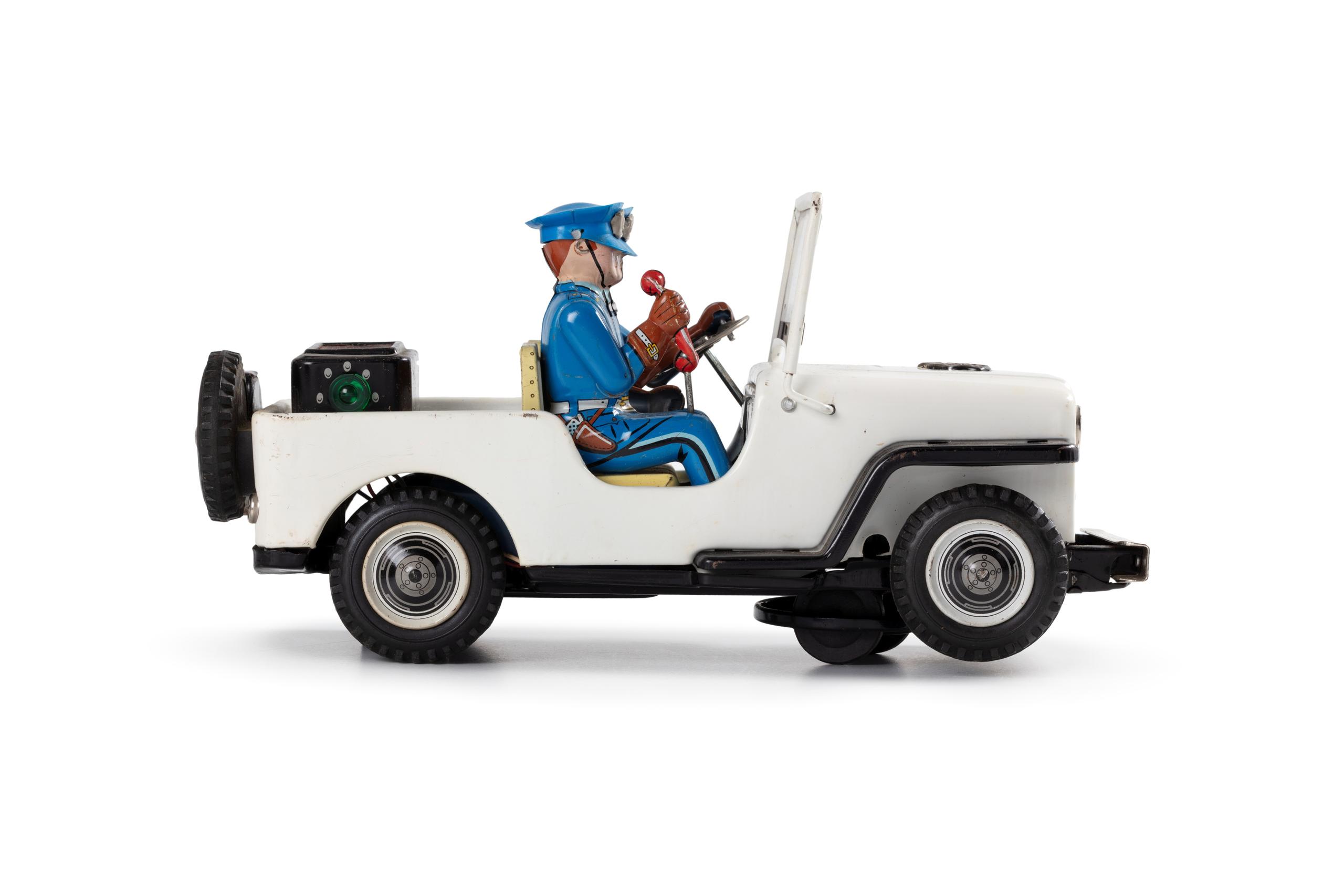 Jouet Ancien TN Nomura Police Patrol Jeep Tôle 27cm Batterie Vers 1960 Avec Boîte