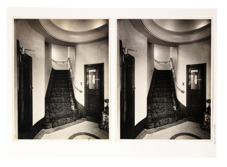 Photographs of unknown hotel interior with stairway by E A Bradford