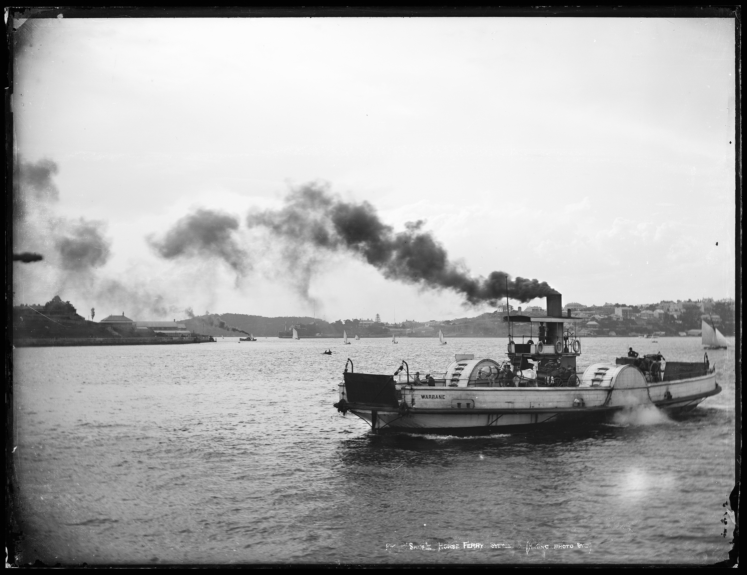 Glass plate negative of steam paddle vehicular ferry (horse ferry) 'Warrane' on Sydney Harbour, c.1900