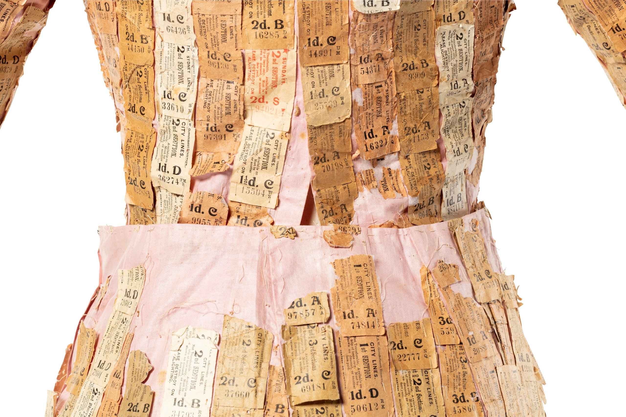 Dress decorated with tram tickets