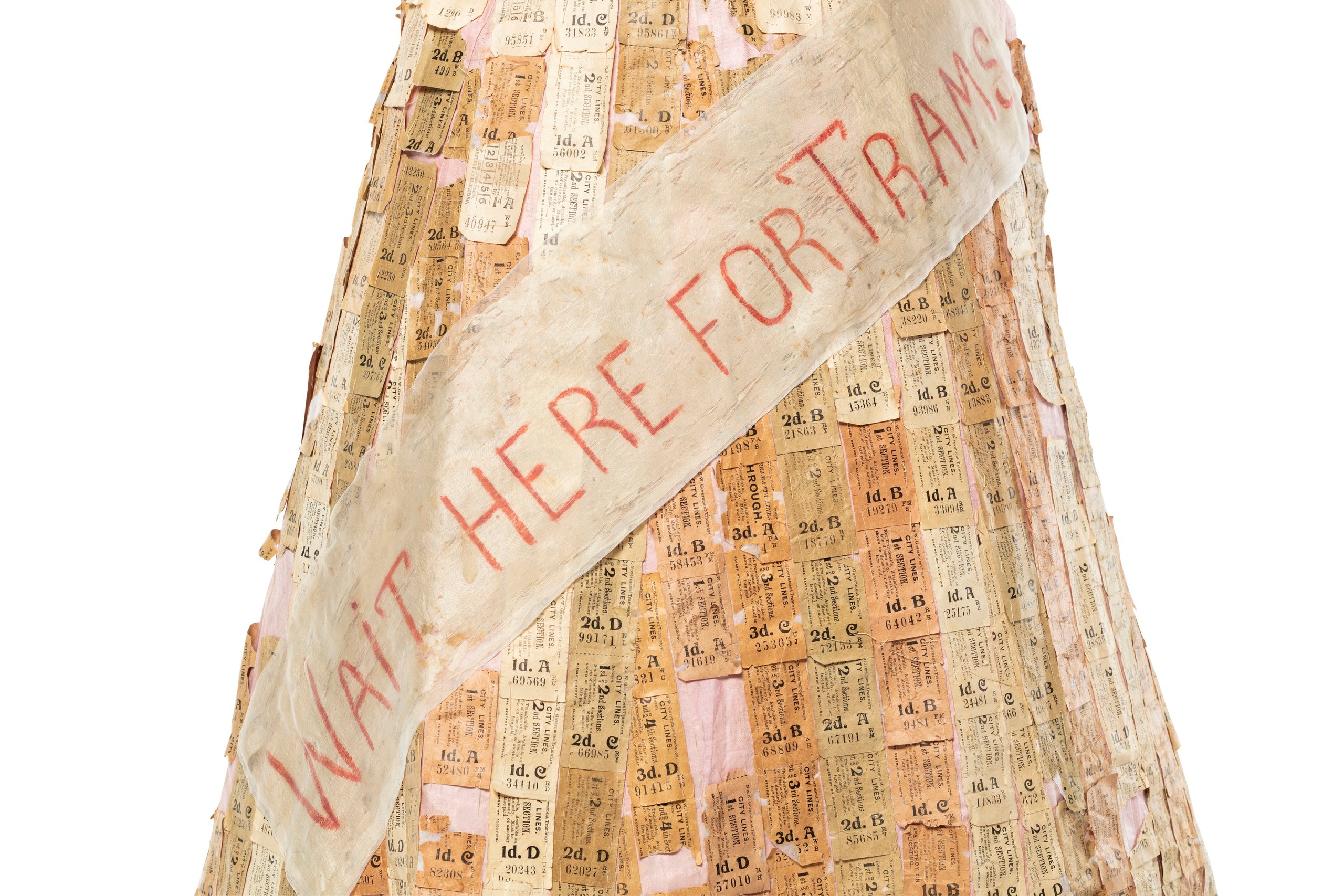 Dress decorated with tram tickets