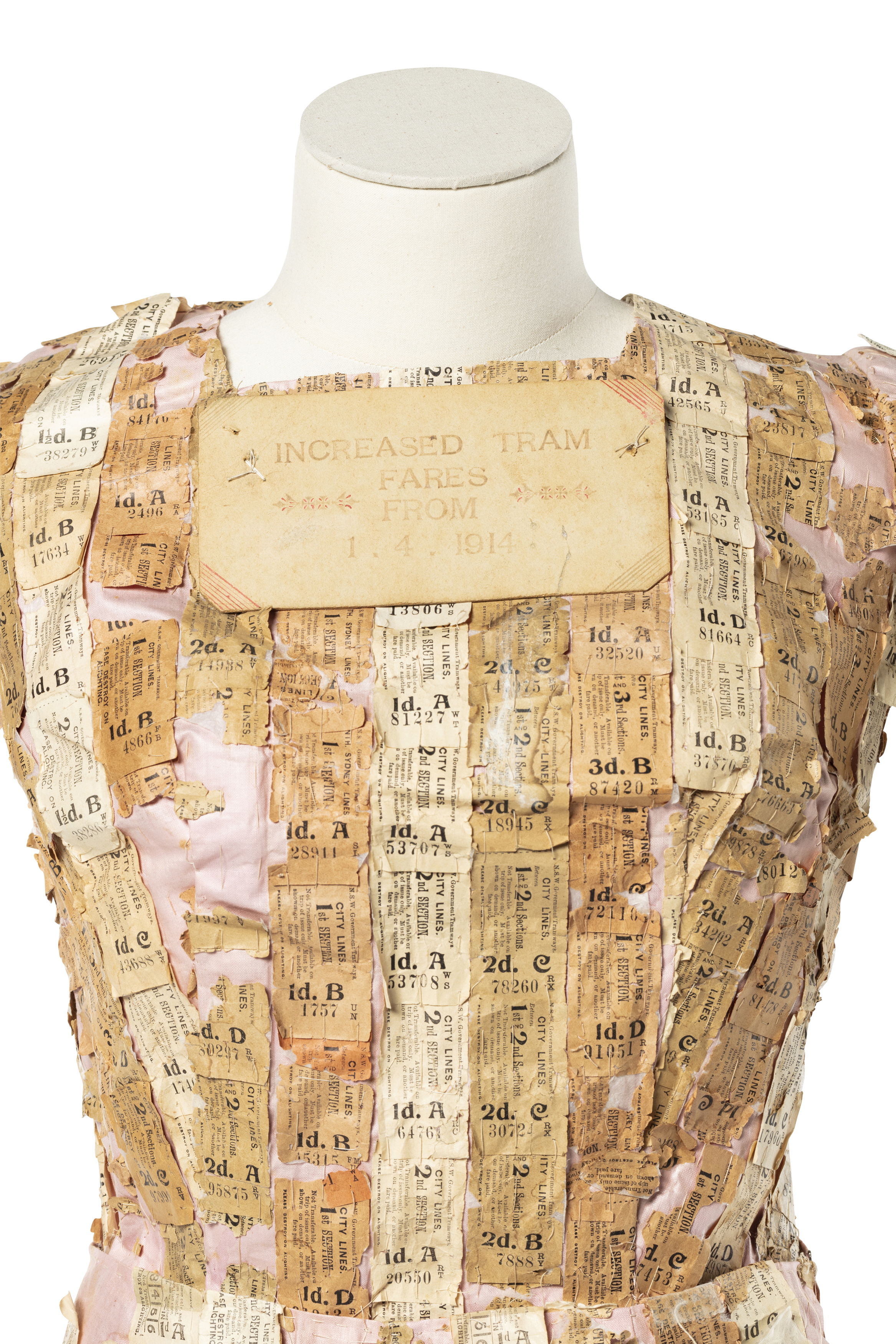 Dress decorated with tram tickets