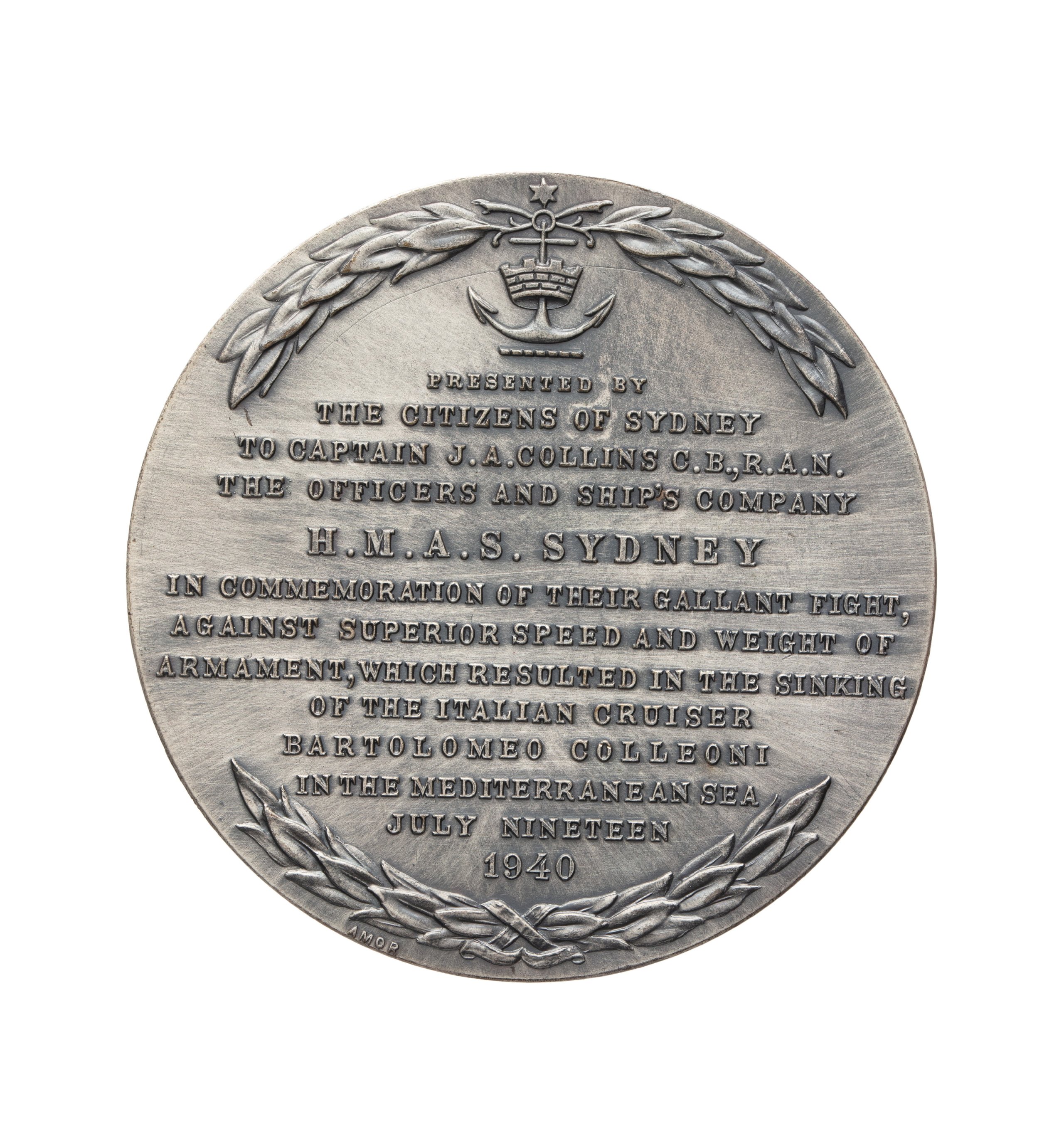 Replica of medal placed in H M A S Sydney to commemorate victory over 'Bartolomeo Colleoni'