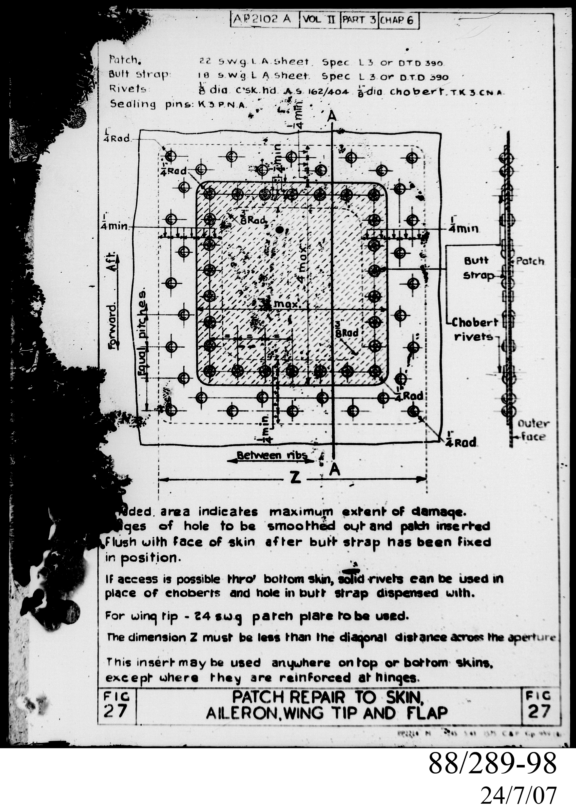 Glass plate negative of patch instructions for WWII aircraft at Clyde Engineering