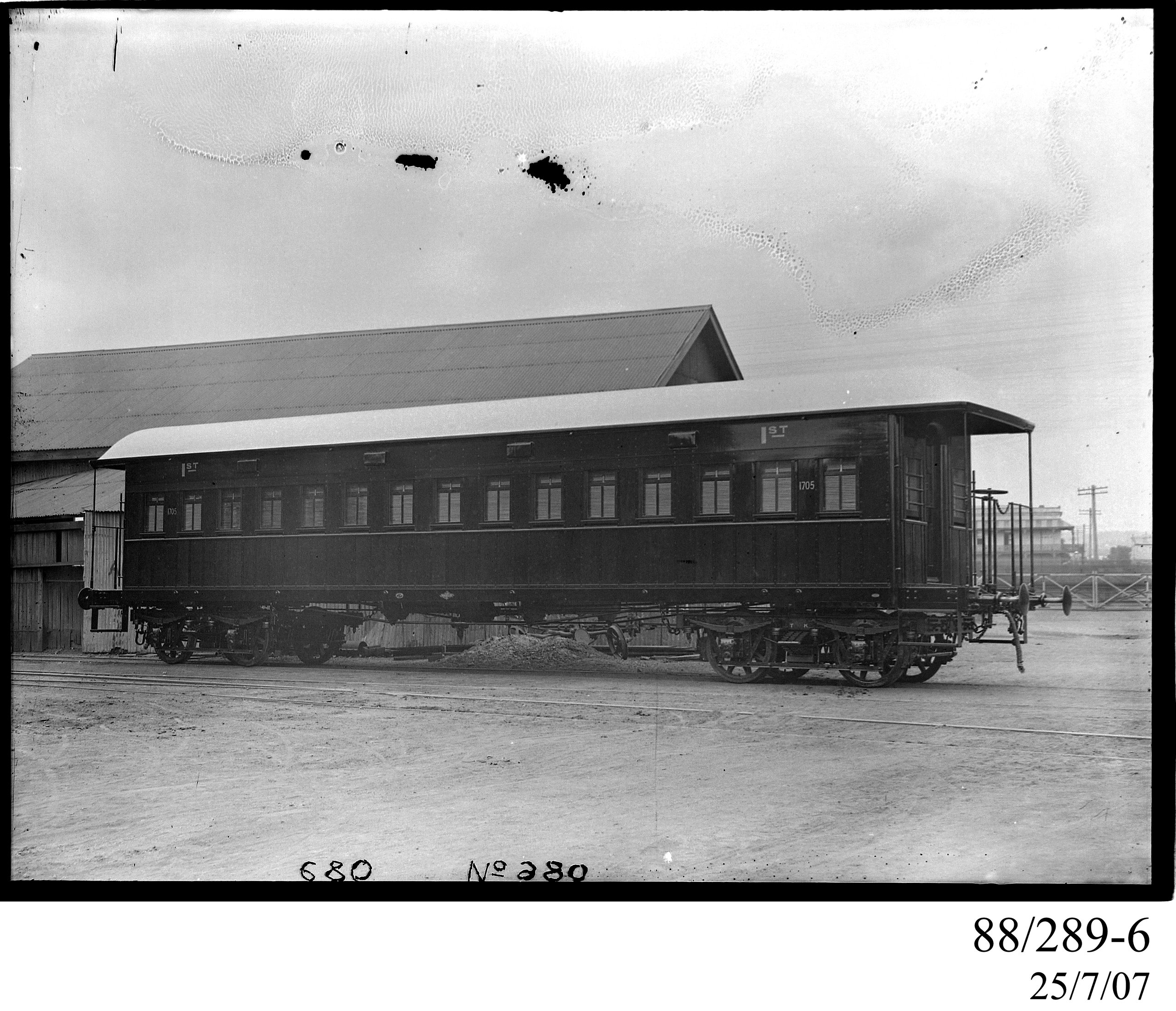 Glass plate negative of a railway carriage by Clyde Engineering
