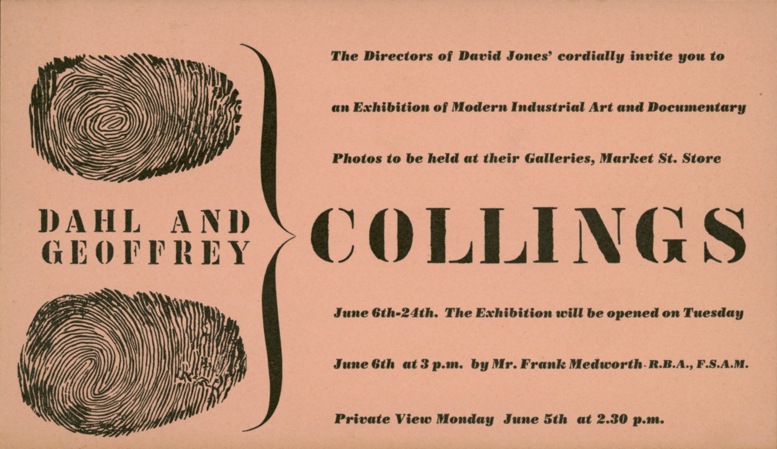 Invitation to Dahl & Geoffrey Collings' exhibition at the David Jones Gallery