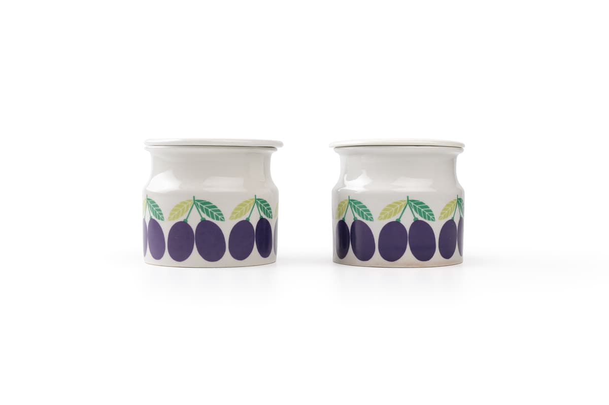 Arabia of Finland jam jars with 'Luumu' (plum) pattern by Arabia Ceramic Factory