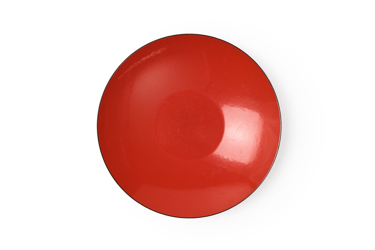 Red enamel serving dish used by Margaret Fulton by Herbert Krenchel