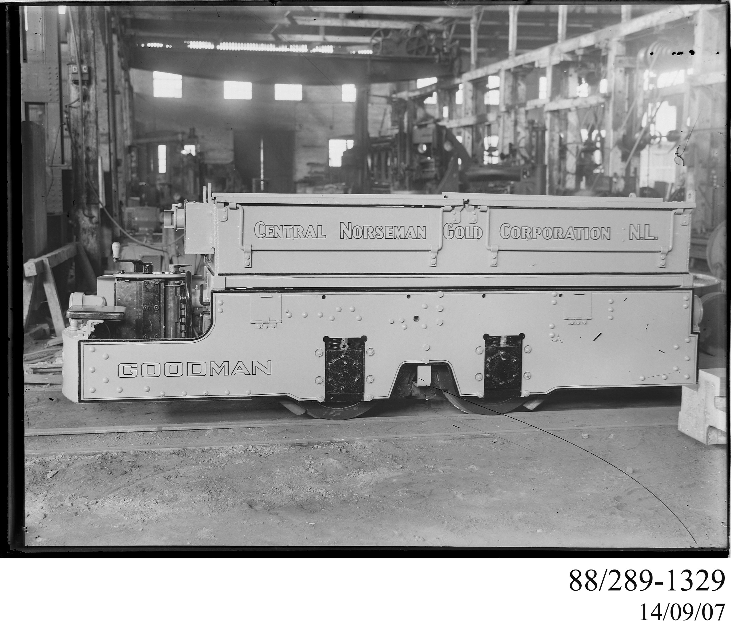 Glass plate negative depicting a Goodman underground mine haulage locomotive at Clyde works, Granville, 1935-1945