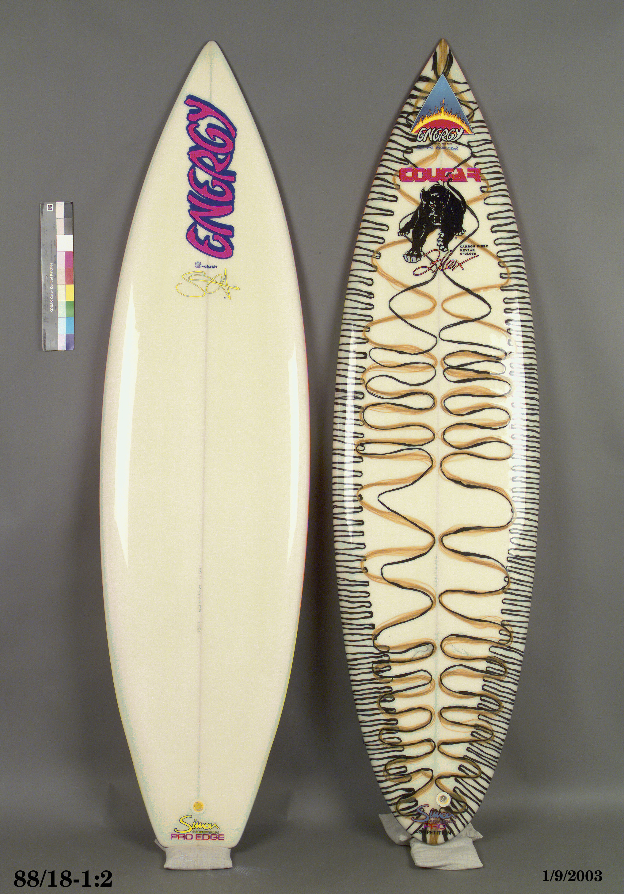 Three fin 'thruster' surfboards by Energy Surfboards