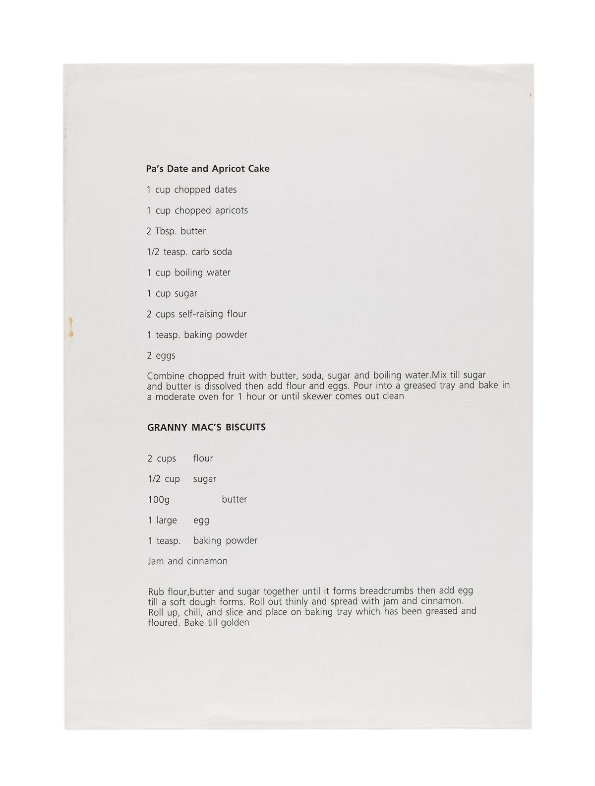 Recipe for 'Pa's Date and Apricot Cake and 'Granny Mac's Biscuits' by chef Michele Cranston