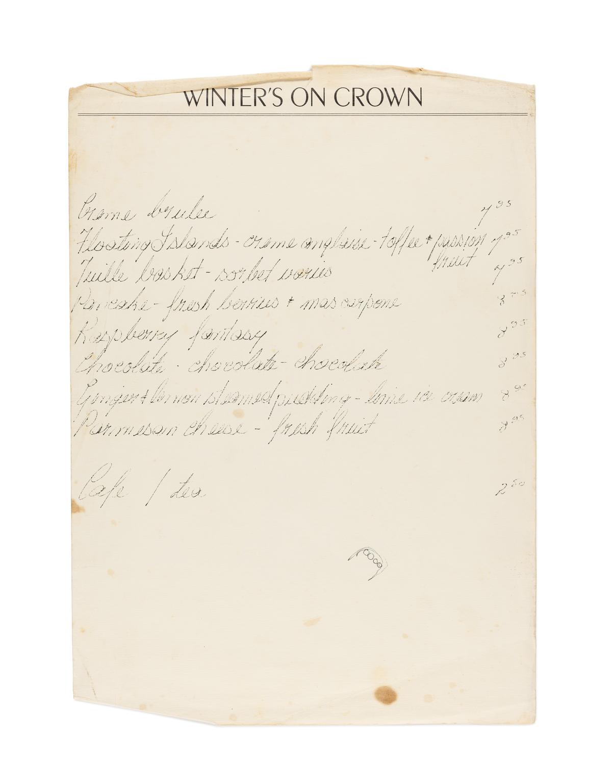 Dessert menu from Michele Cranston's recipe book by chef Michele Cranston and compiled in her Recipe Book