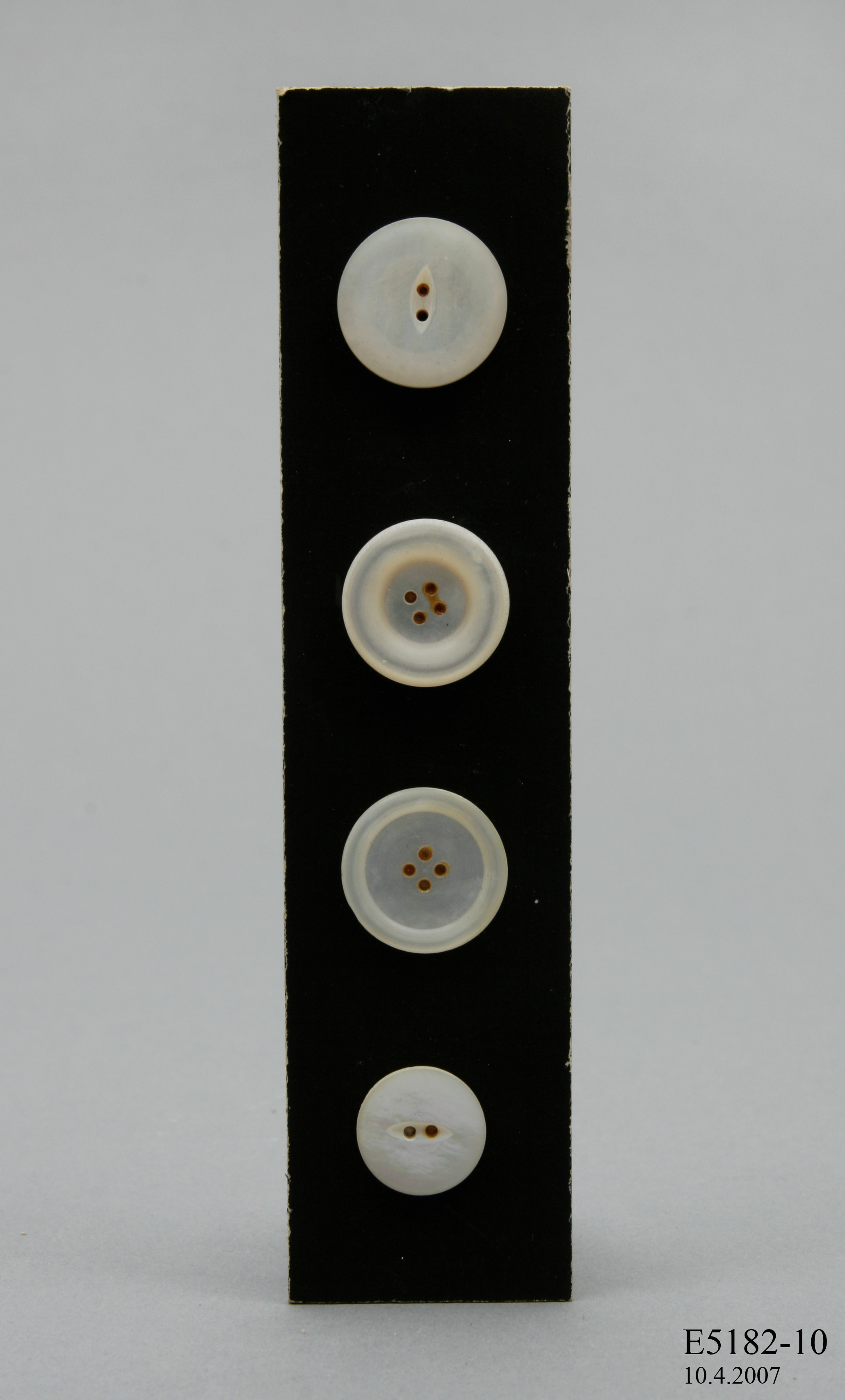 Four pearl shell buttons on black card.