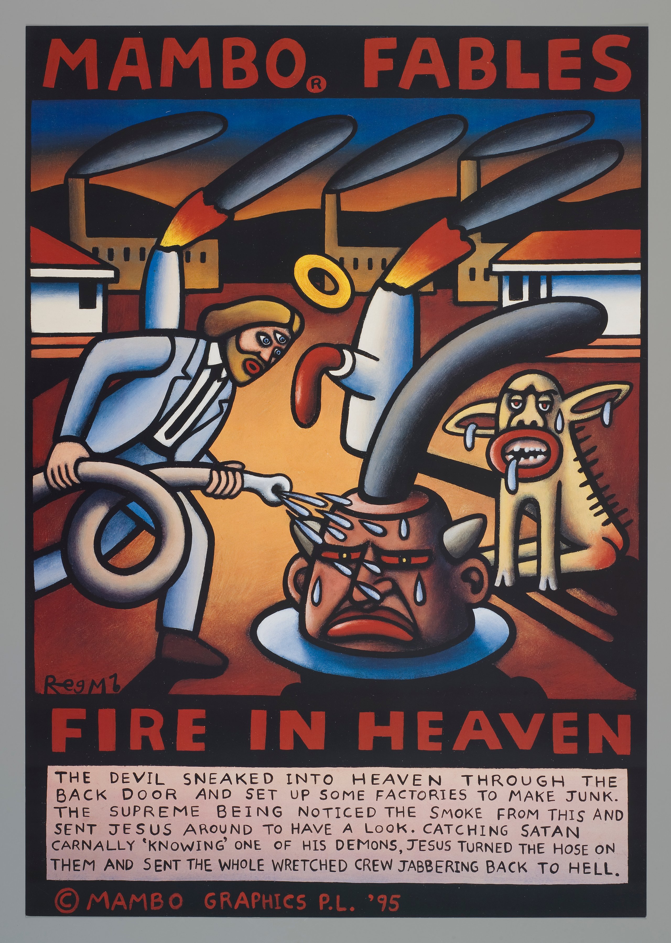 'Mambo Fables / Fire in Heaven' posters by Reg Mombassa for Mambo Graphics