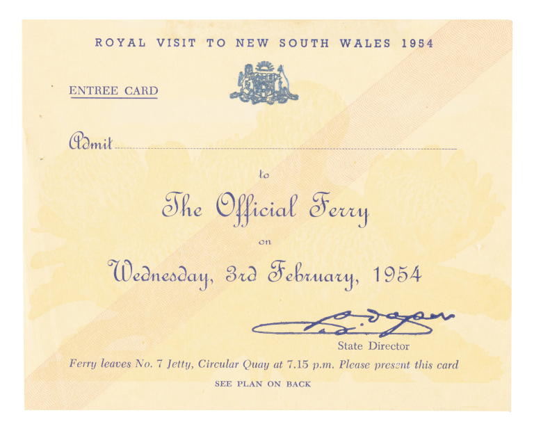 Entree card from 1954 Royal Visit for the Official Ferry