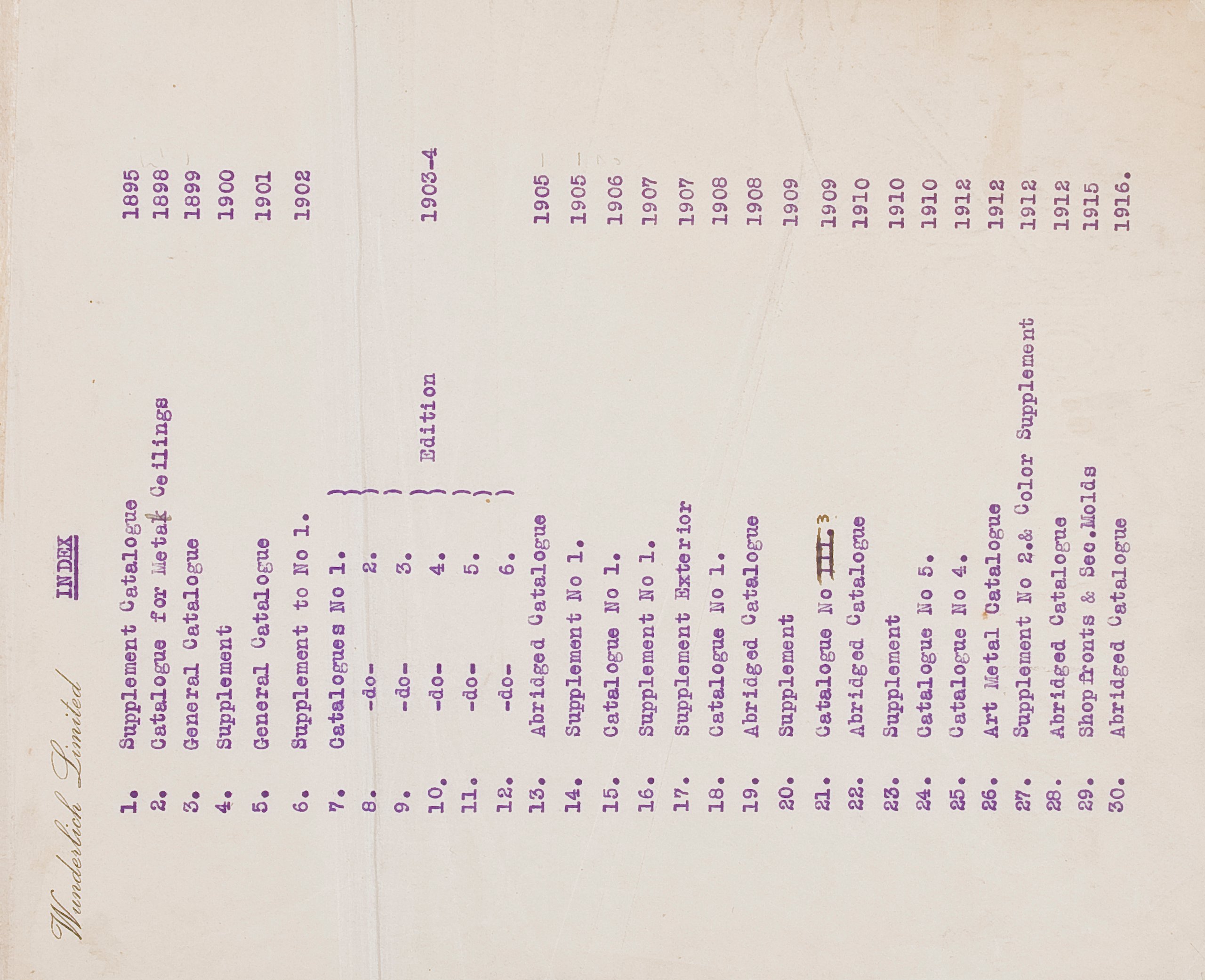Index page from Wunderlich catalogue 'Patent Embossed Zinc Ceilings'