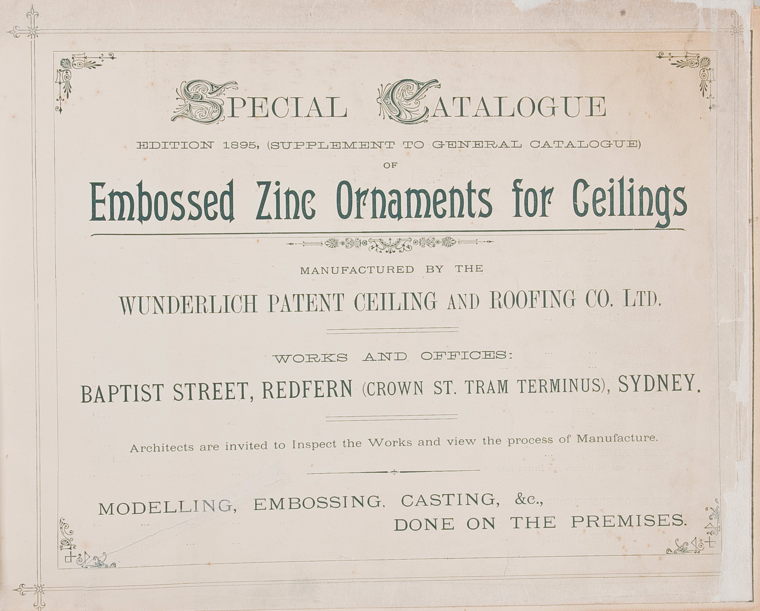 Title page from Wunderlich catalogue 'Patent Embossed Zinc Ceilings'