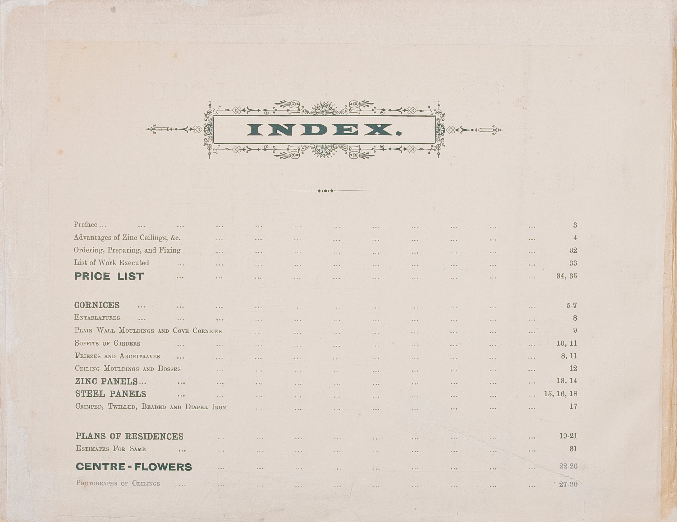 Index from Wunderlich catalogue 'Patent Embossed Zinc Ceilings'