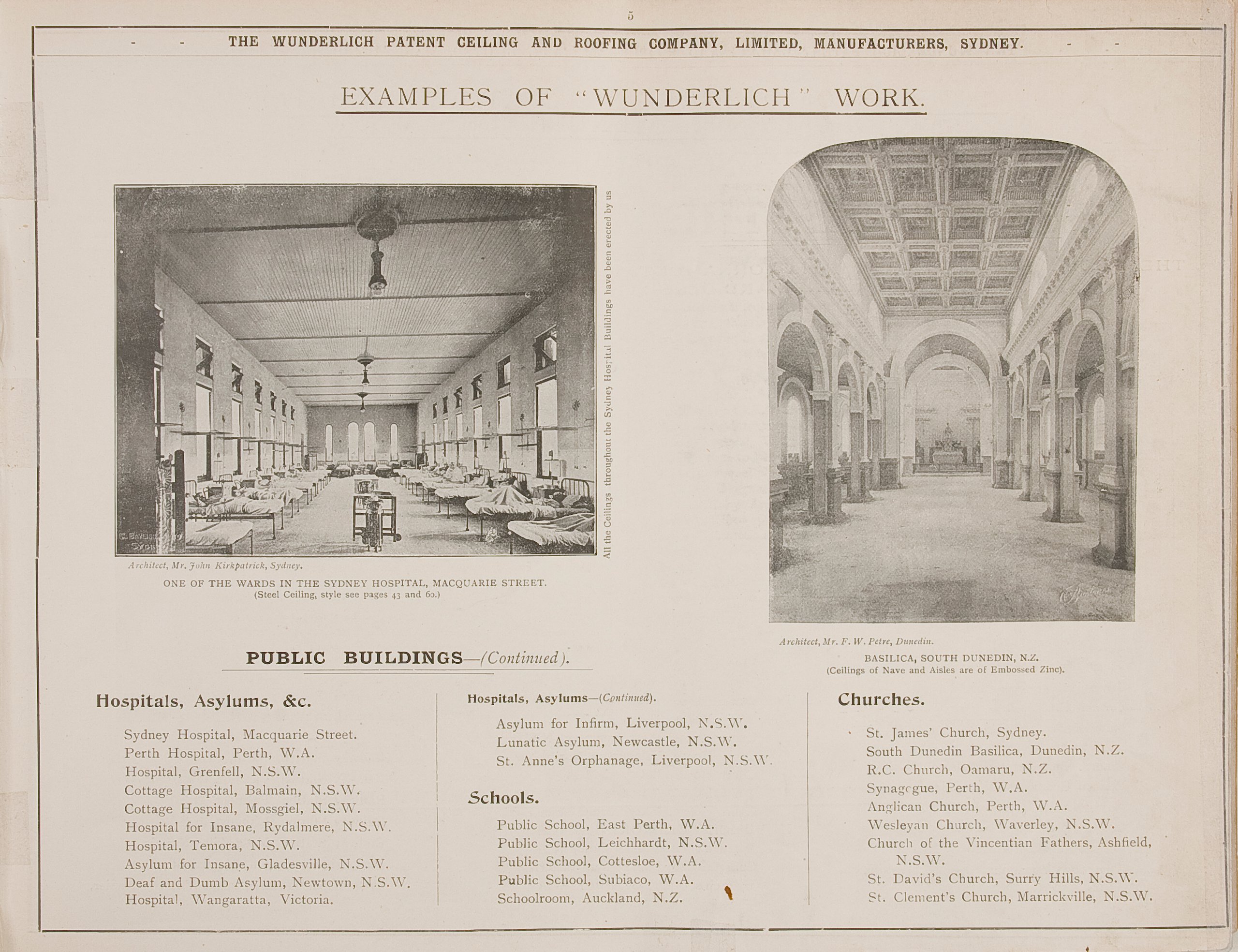 Page from catalogue of Wunderlich 'Patent Embossed Metal Ceilings'