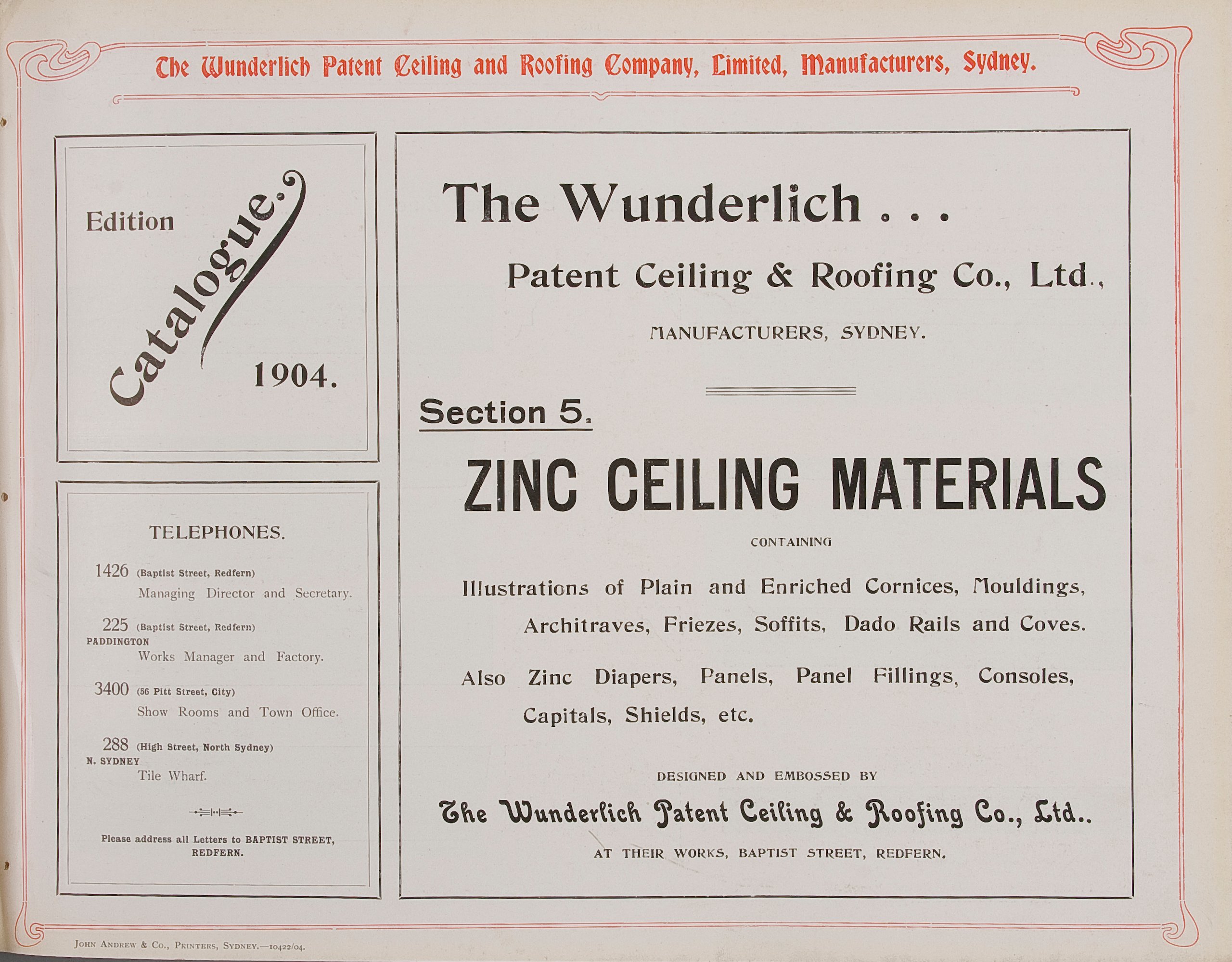 Page from Wunderlich catalogue 'Zinc Ceiling Materials'