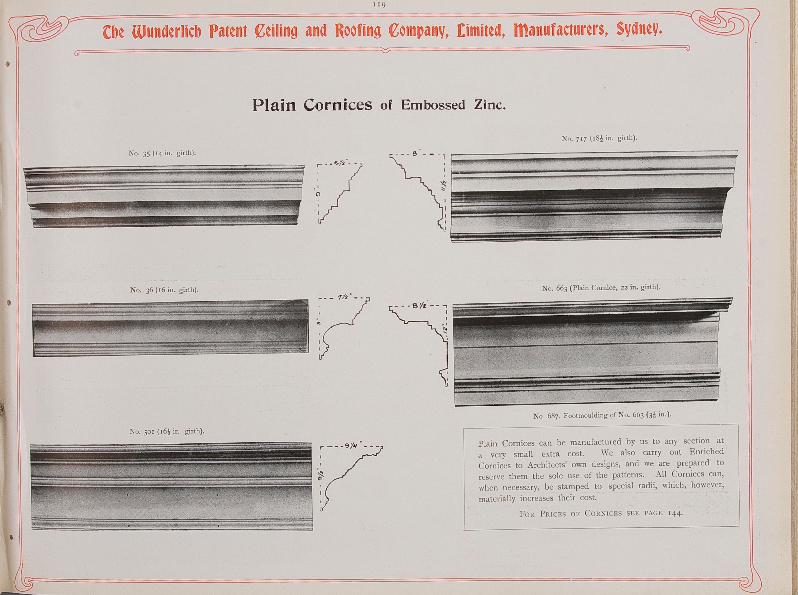 Page from Wunderlich catalogue 'Zinc Ceiling Materials'