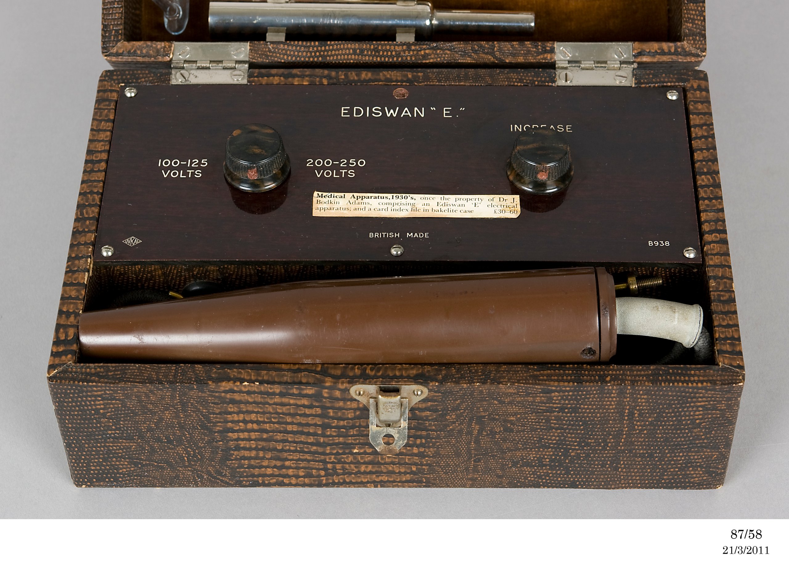 Case containing electrotherapeutic device believed to have belonged to the infamous Dr John Bodkin Adams who was a British general practitioner in the 1900s and had numerous patients die under suspicious circumstances.