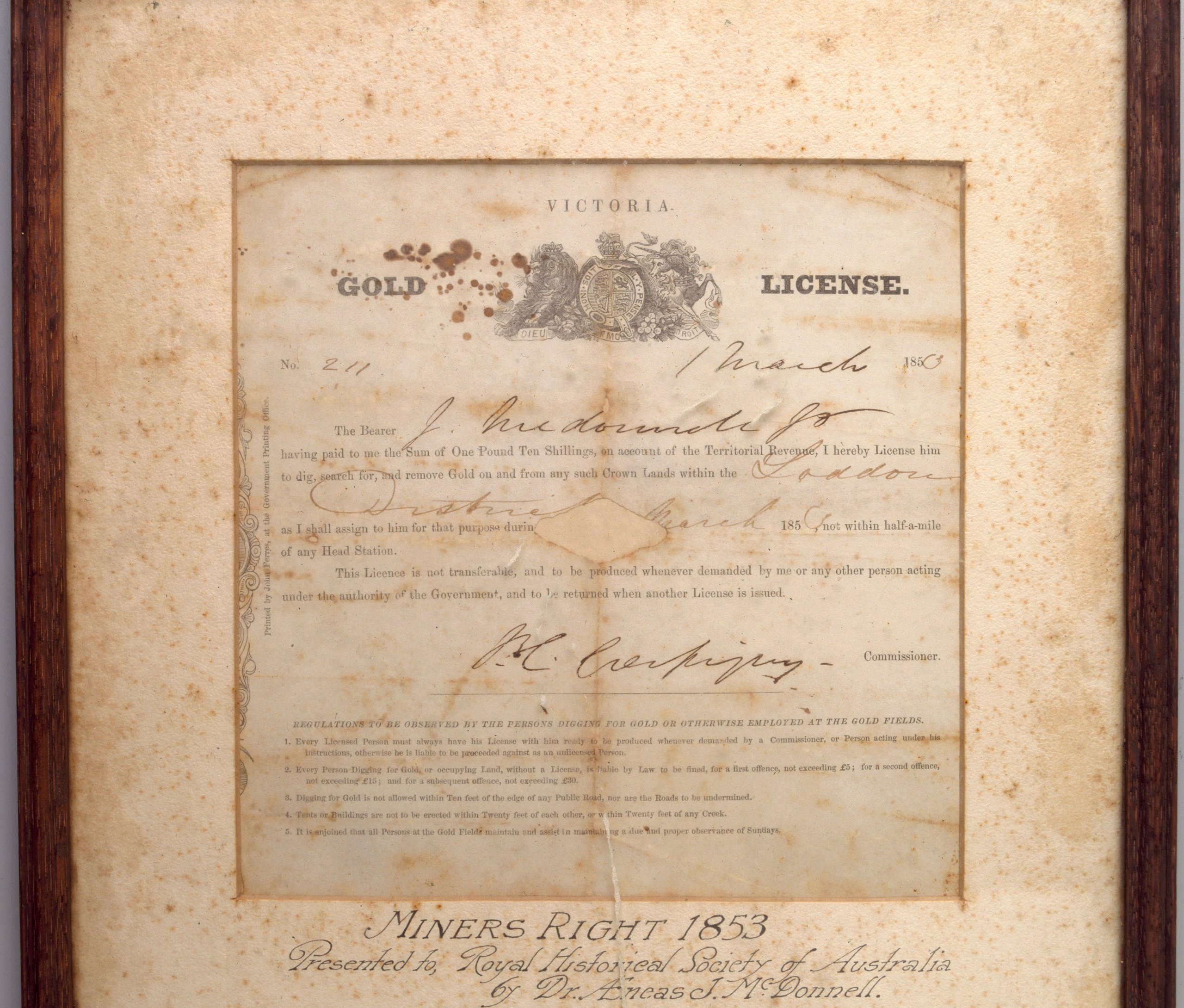 A framed gold mining licence.