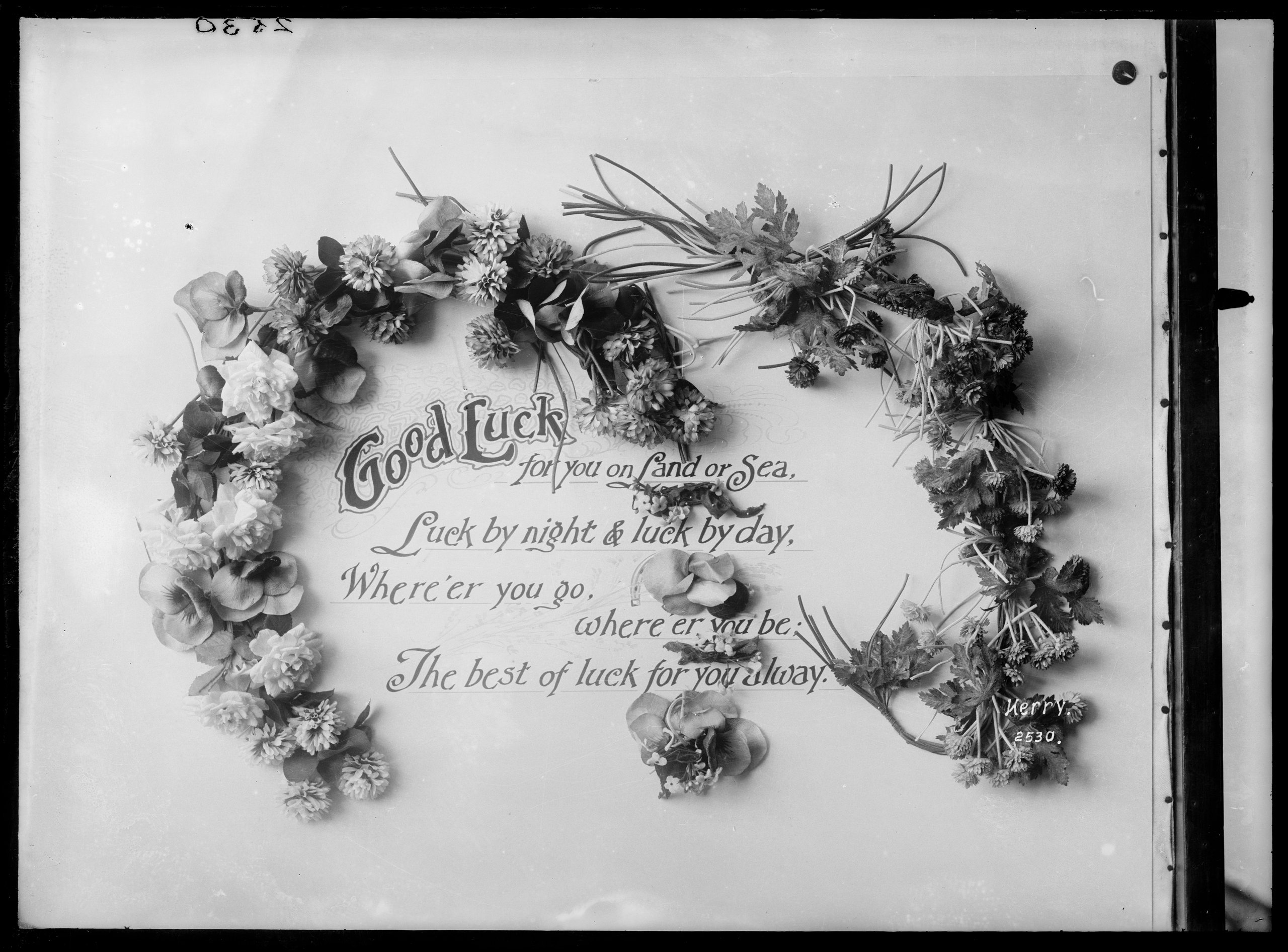 'Good Luck' glass negative by Kerry and Co