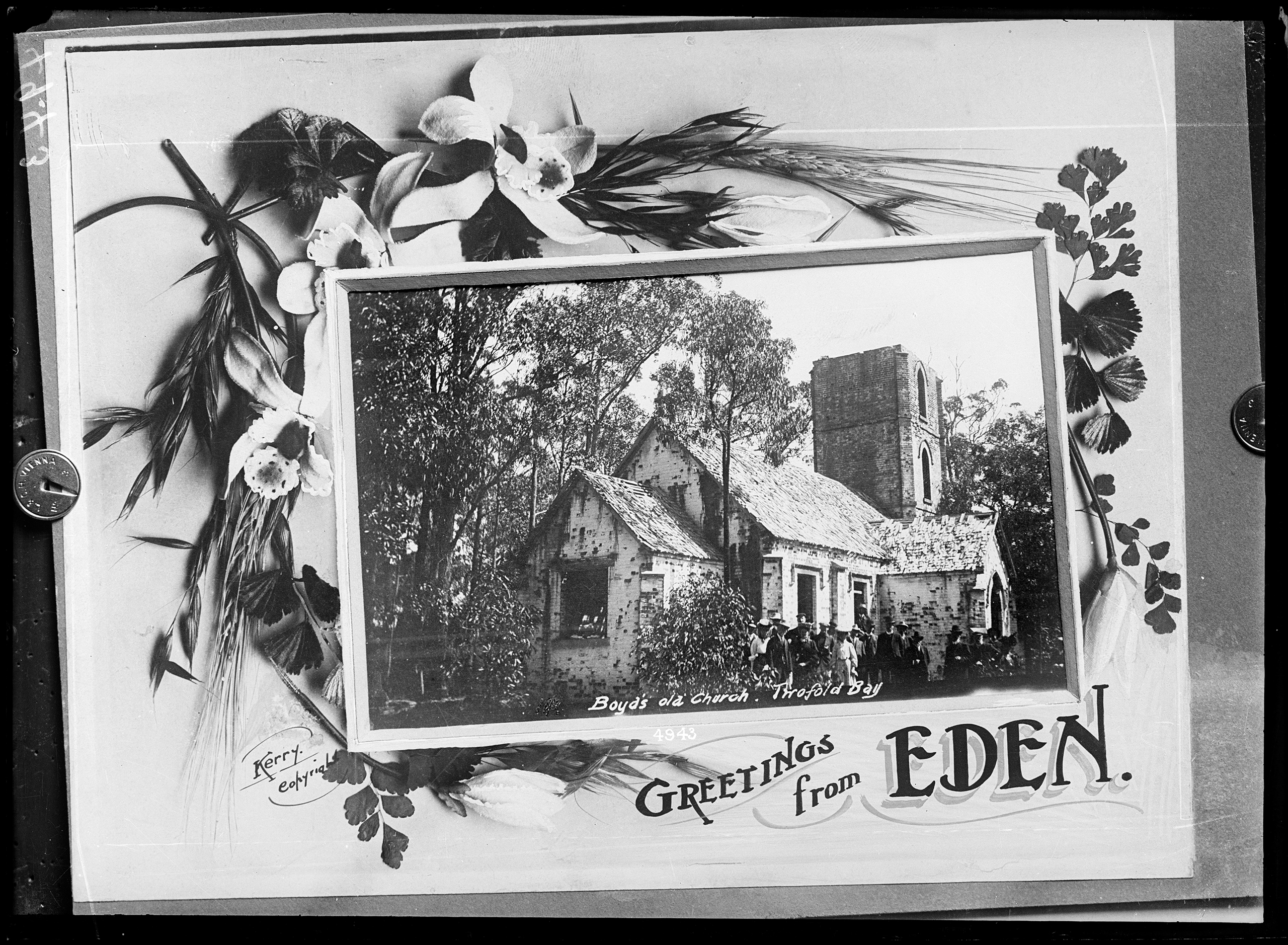 Photograph of artistic greeting card showing Boydtown church, near Eden, NSW