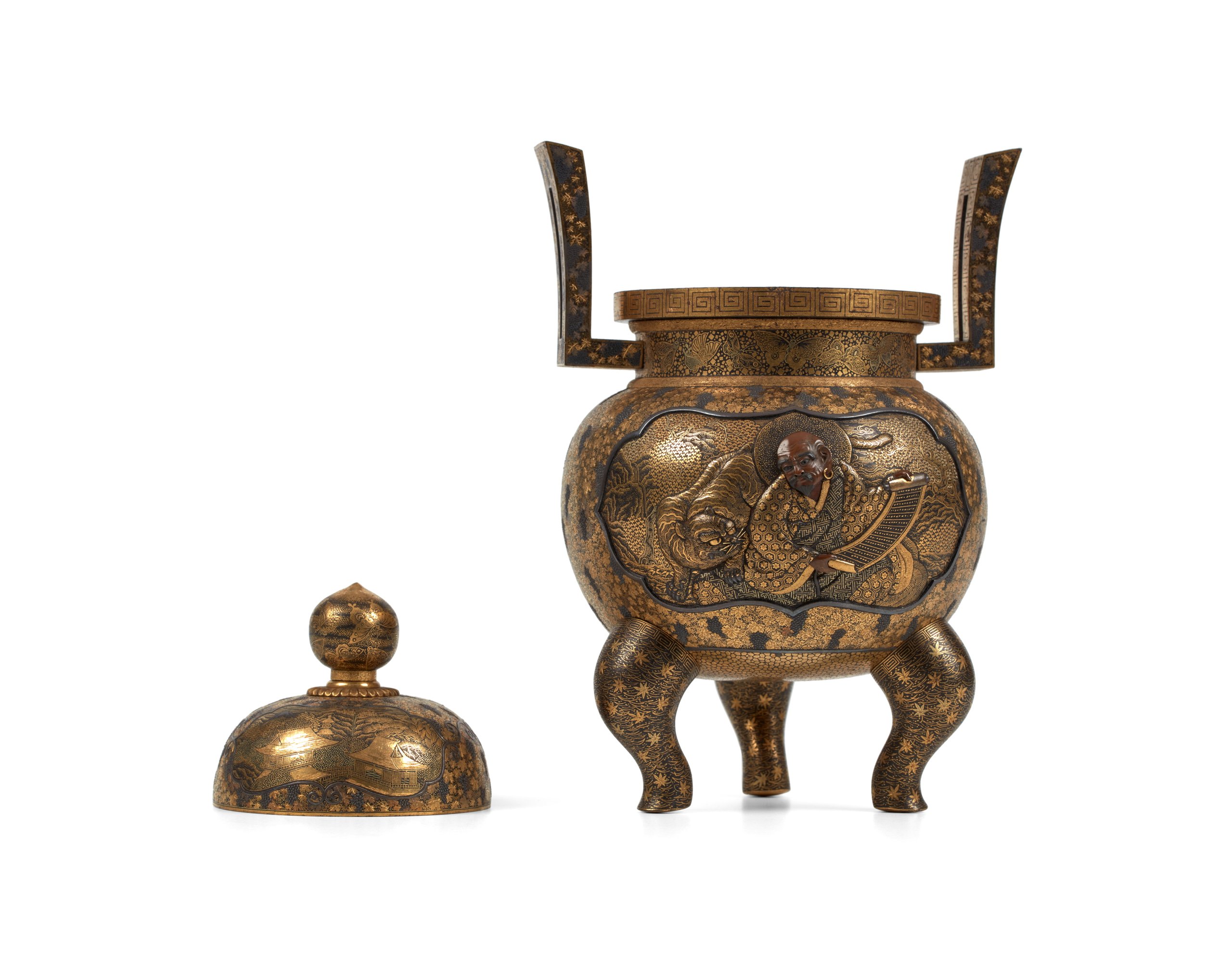 Damascene censer (koro) with lid with cartouche of Buddhist arhat and tiger