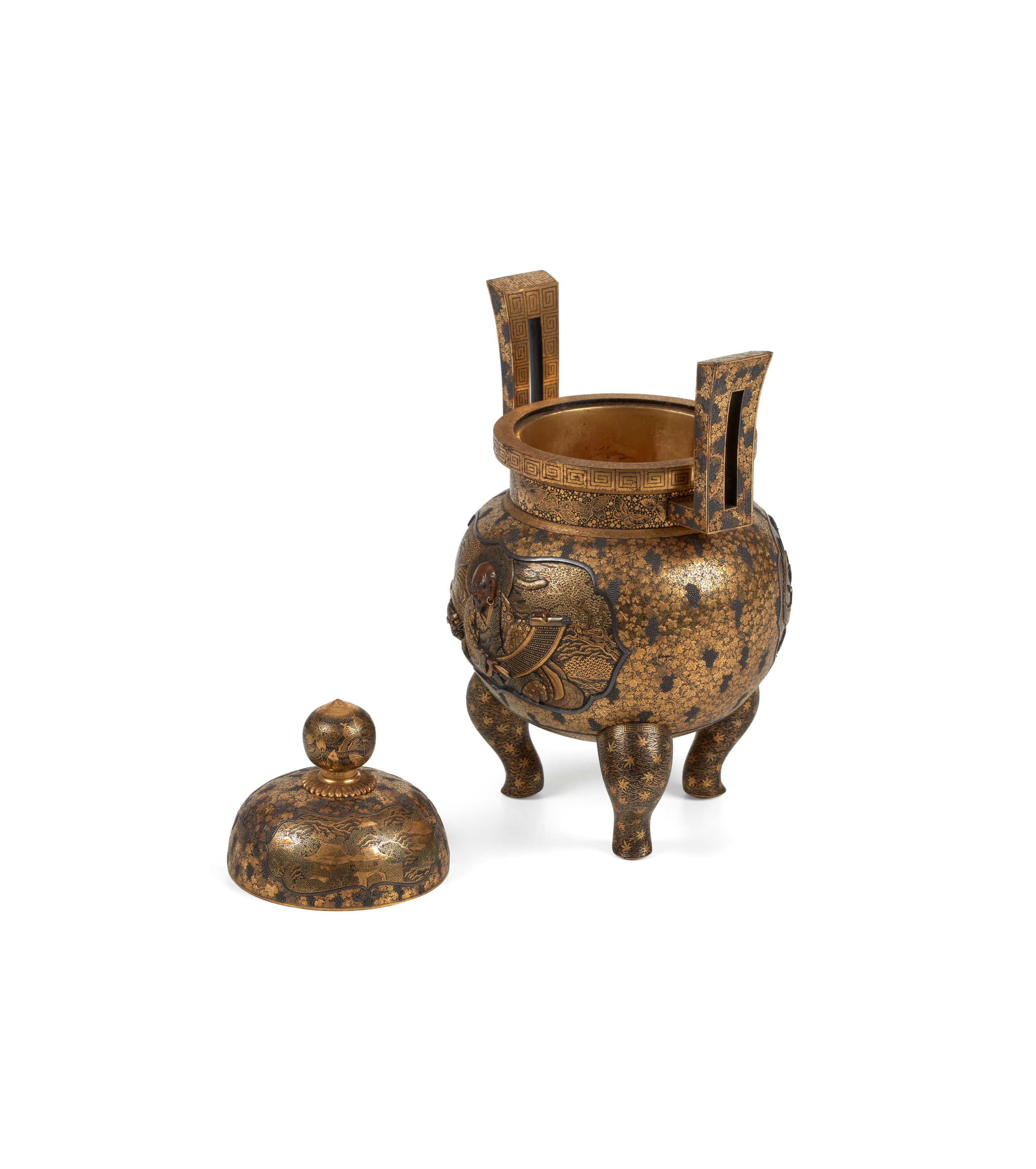 Damascene censer (koro) with lid with cartouche of Buddhist arhat and tiger