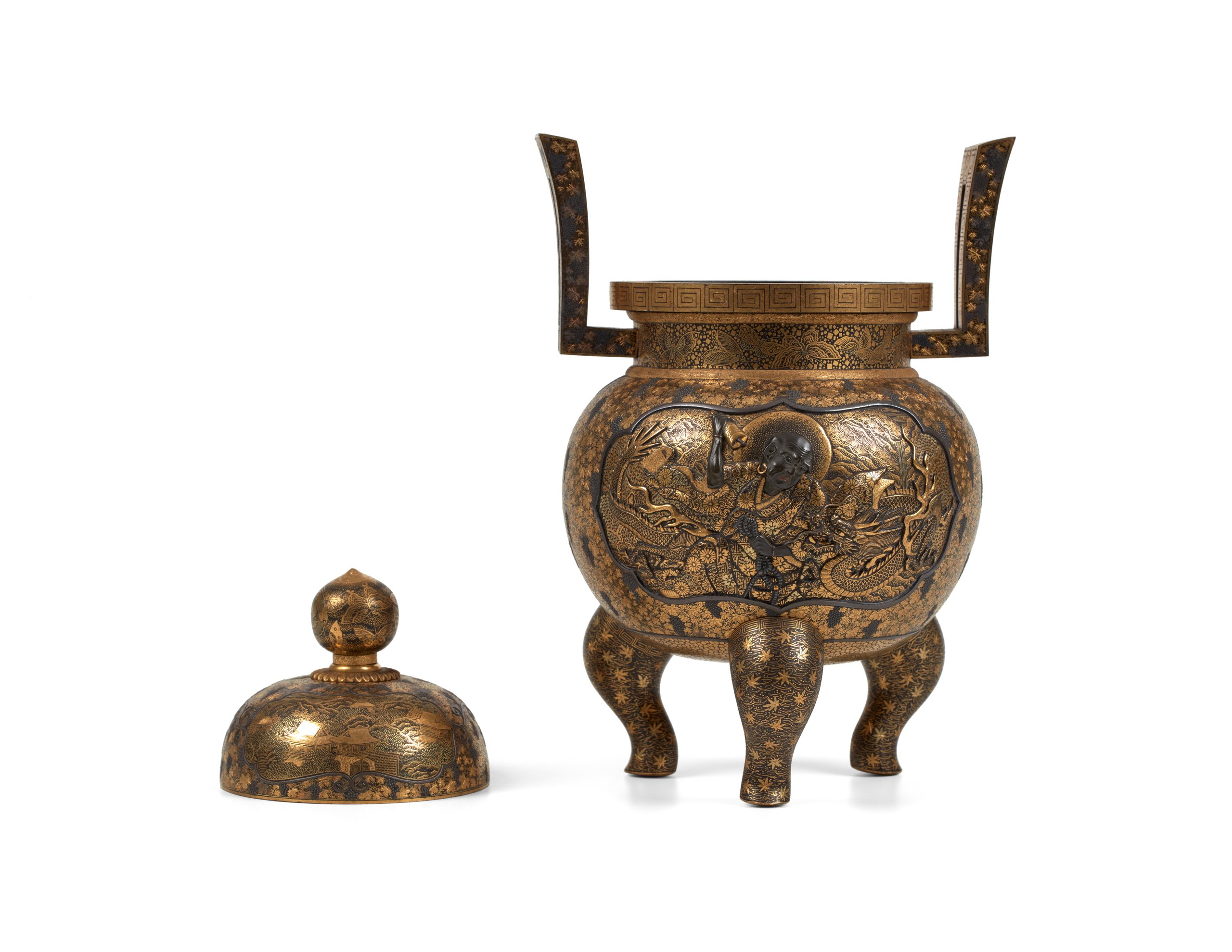 Damascene censer (koro) with lid with cartouche of Buddhist arhat and tiger