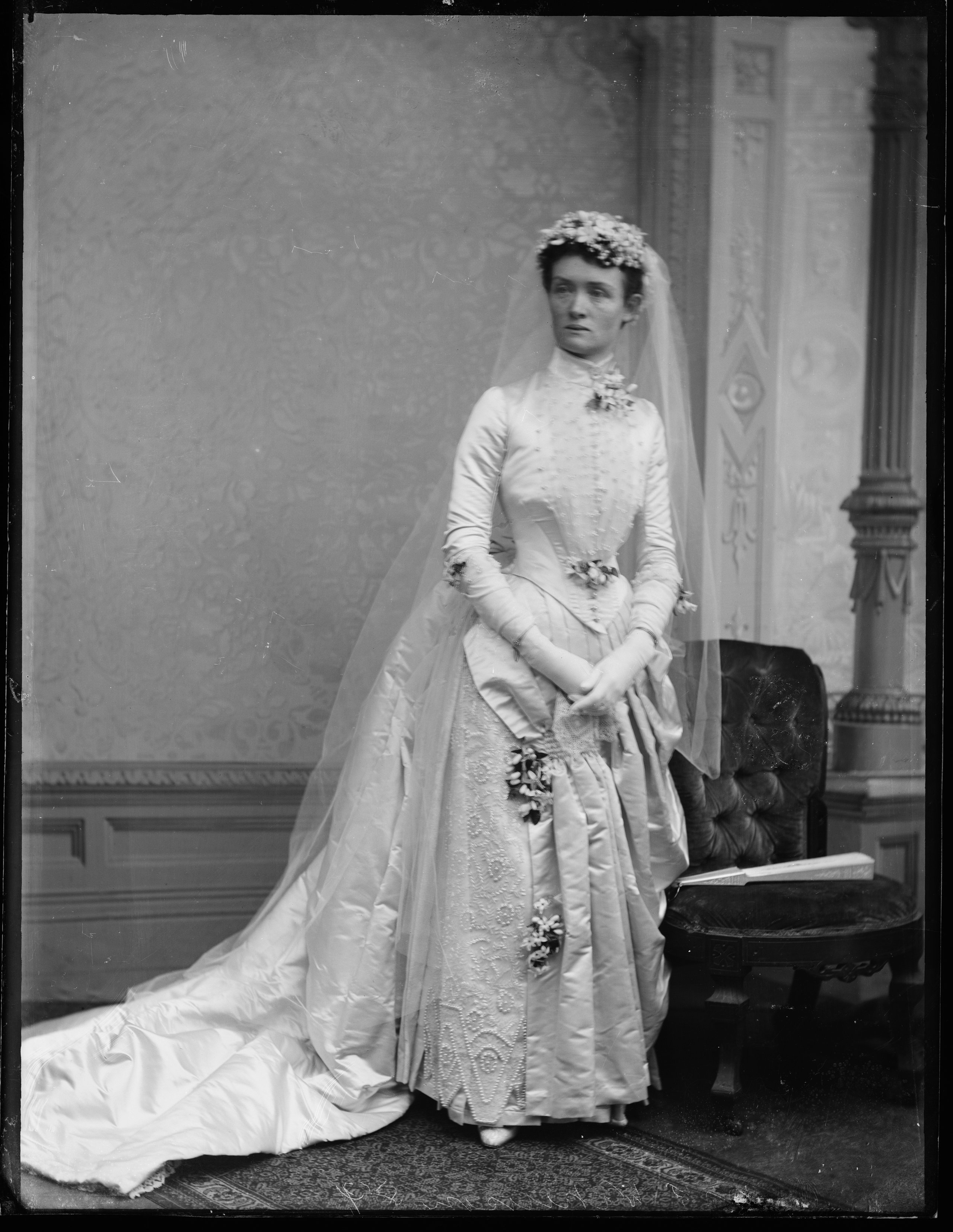 Glass plate negative, 'Nineties Wedding Dress, Mrs Wilkinson'