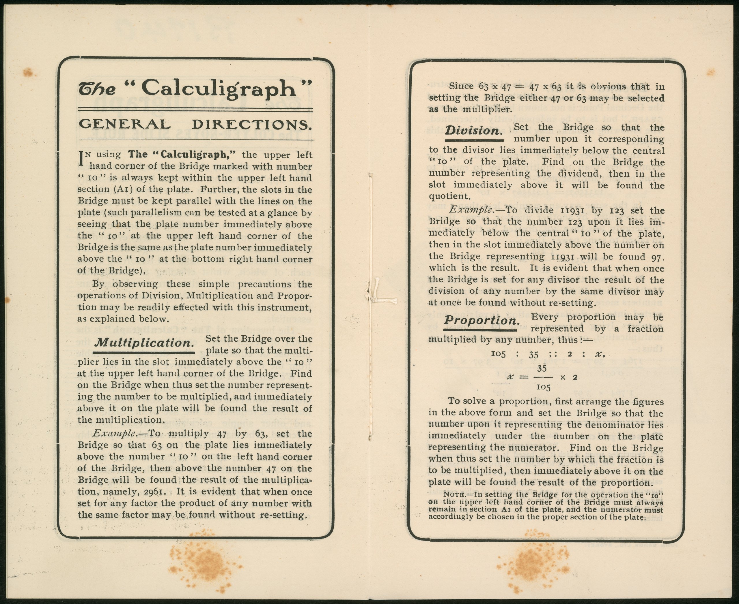 Calculigraph slide rule and charts