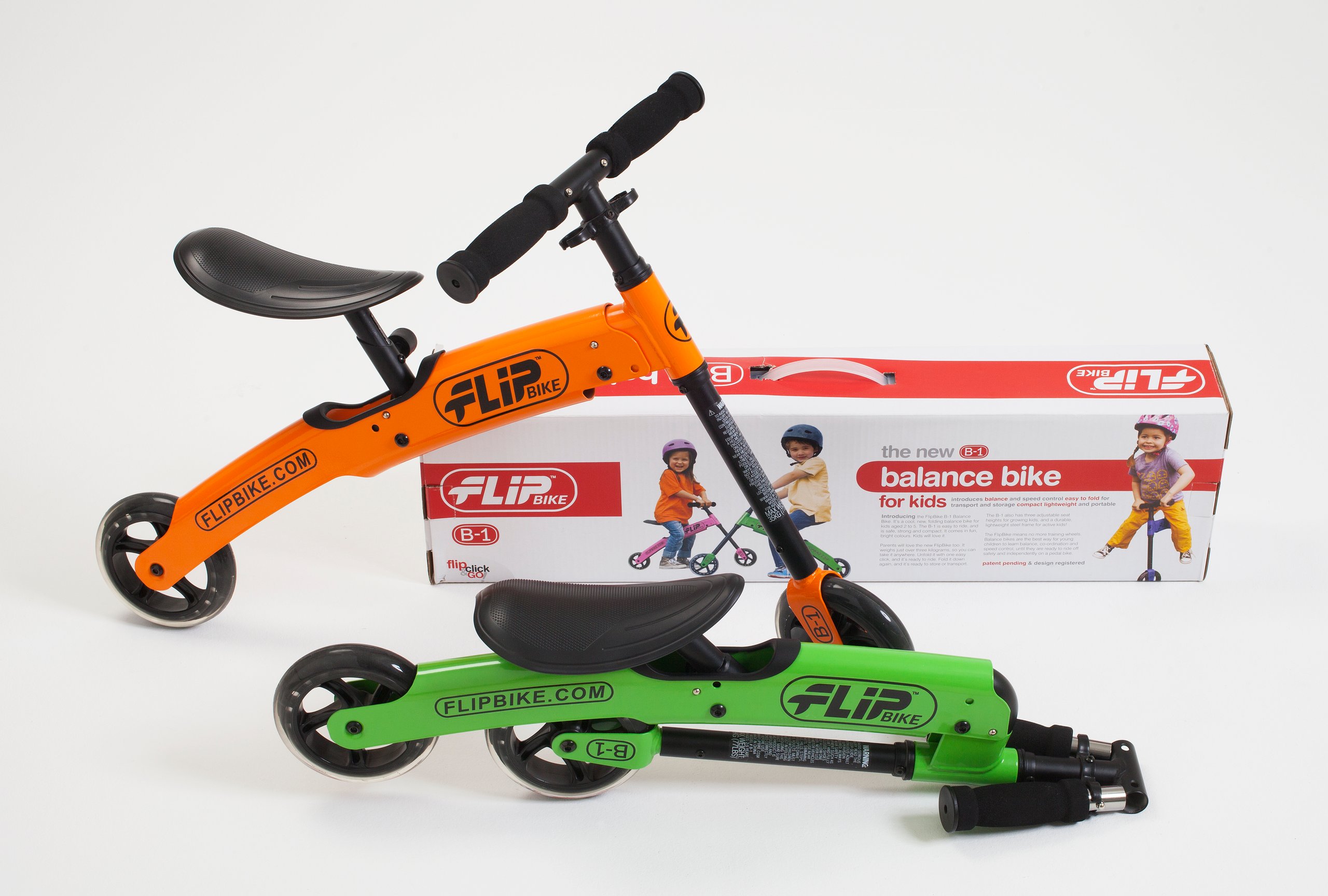 FlipBike folding balance bicycle with manual and packaging