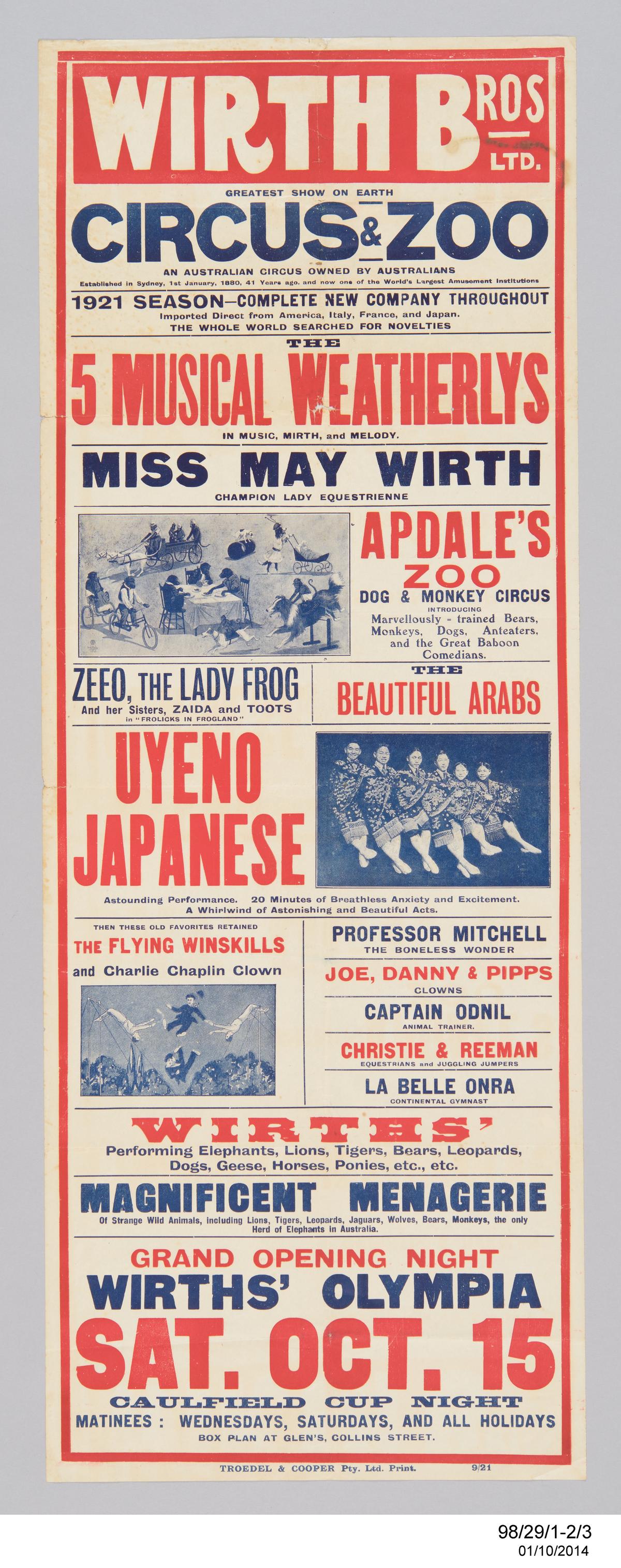 Powerhouse Collection - Poster advertising Wirth Bros Circus and Zoo