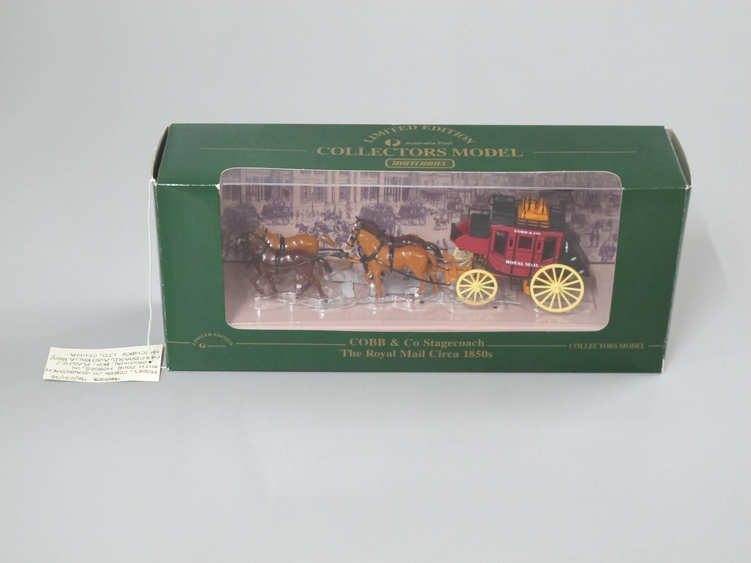 Cobb & Co model stagecoach and horses in box