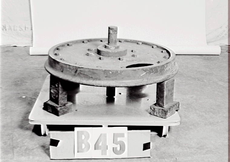 Sectioned display sample of Allen's patent paper-centred railway carriage wheel, 1875-8