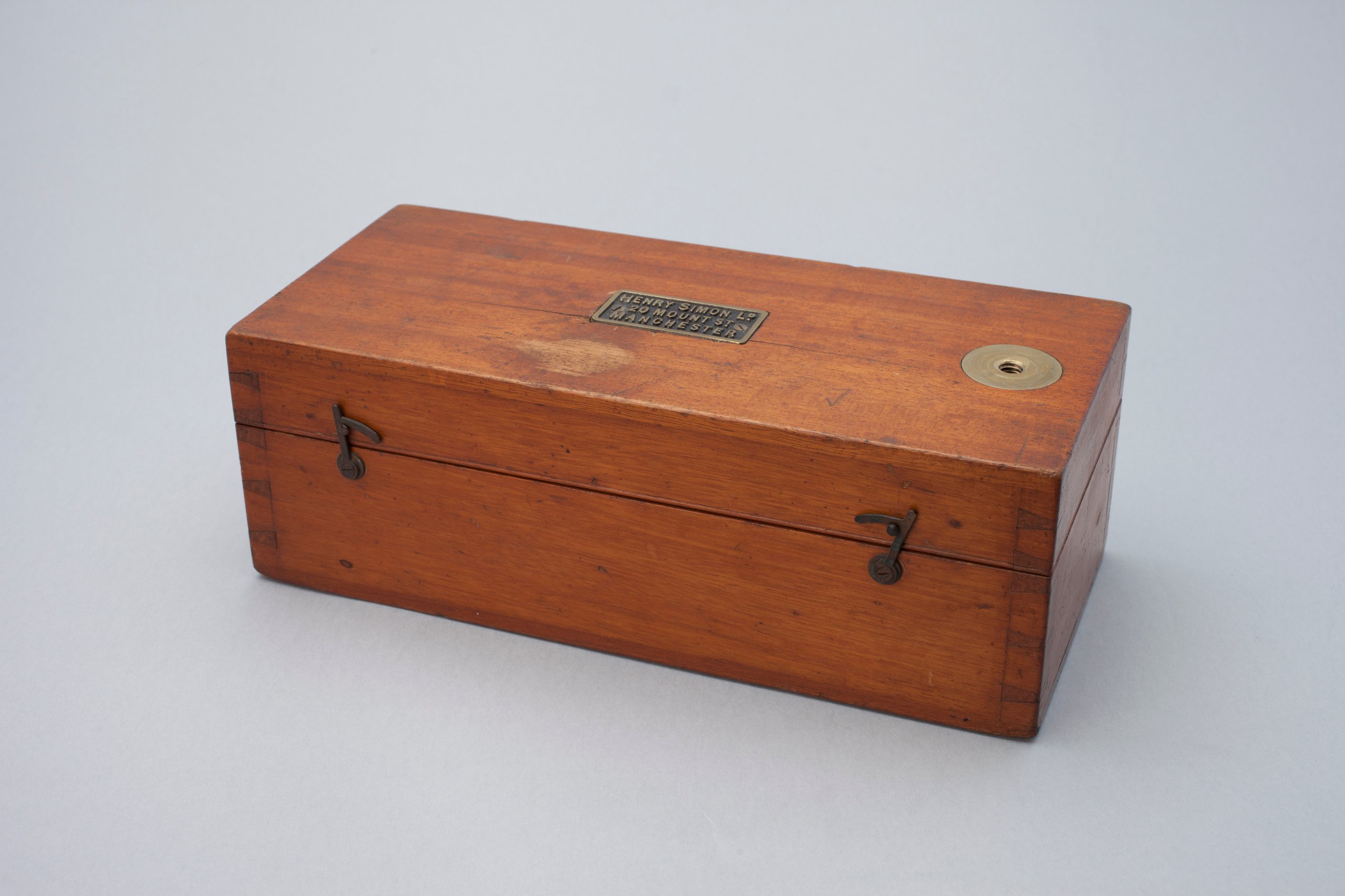 Wooden box containing instruments made by Henry Simon Ltd