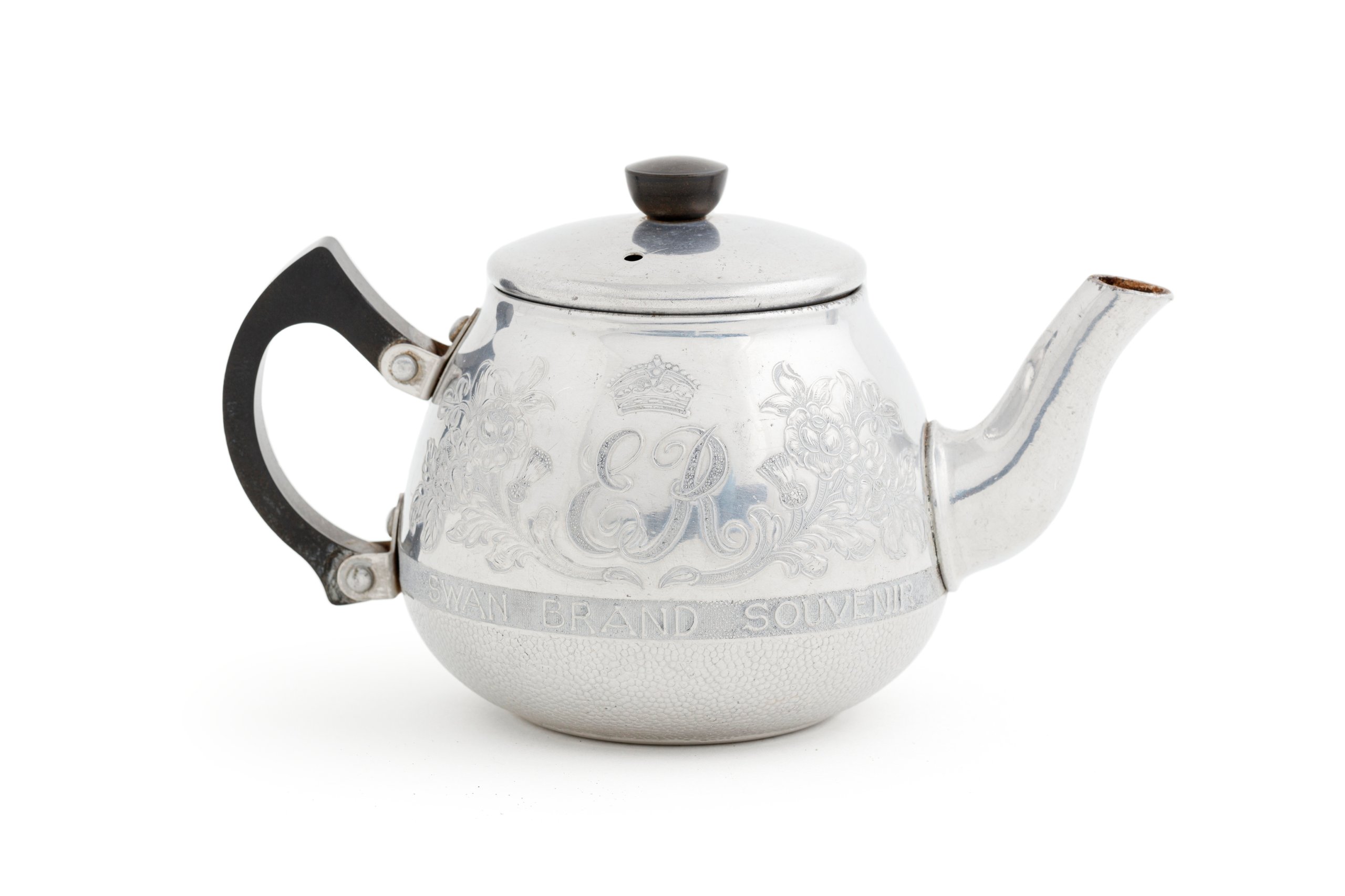 Aluminium teapot commemorating the royal visit to Australia