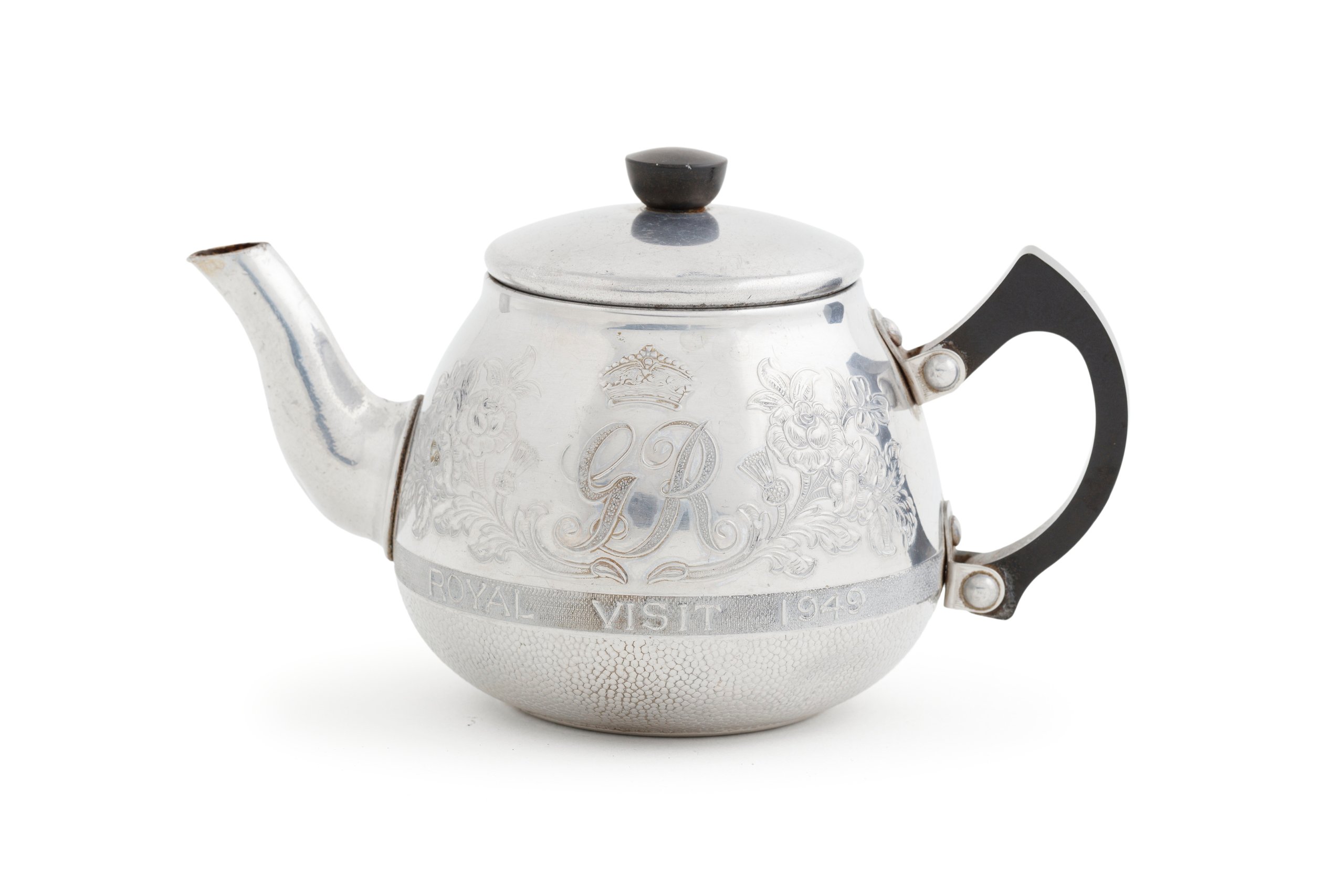 Aluminium teapot commemorating the royal visit to Australia