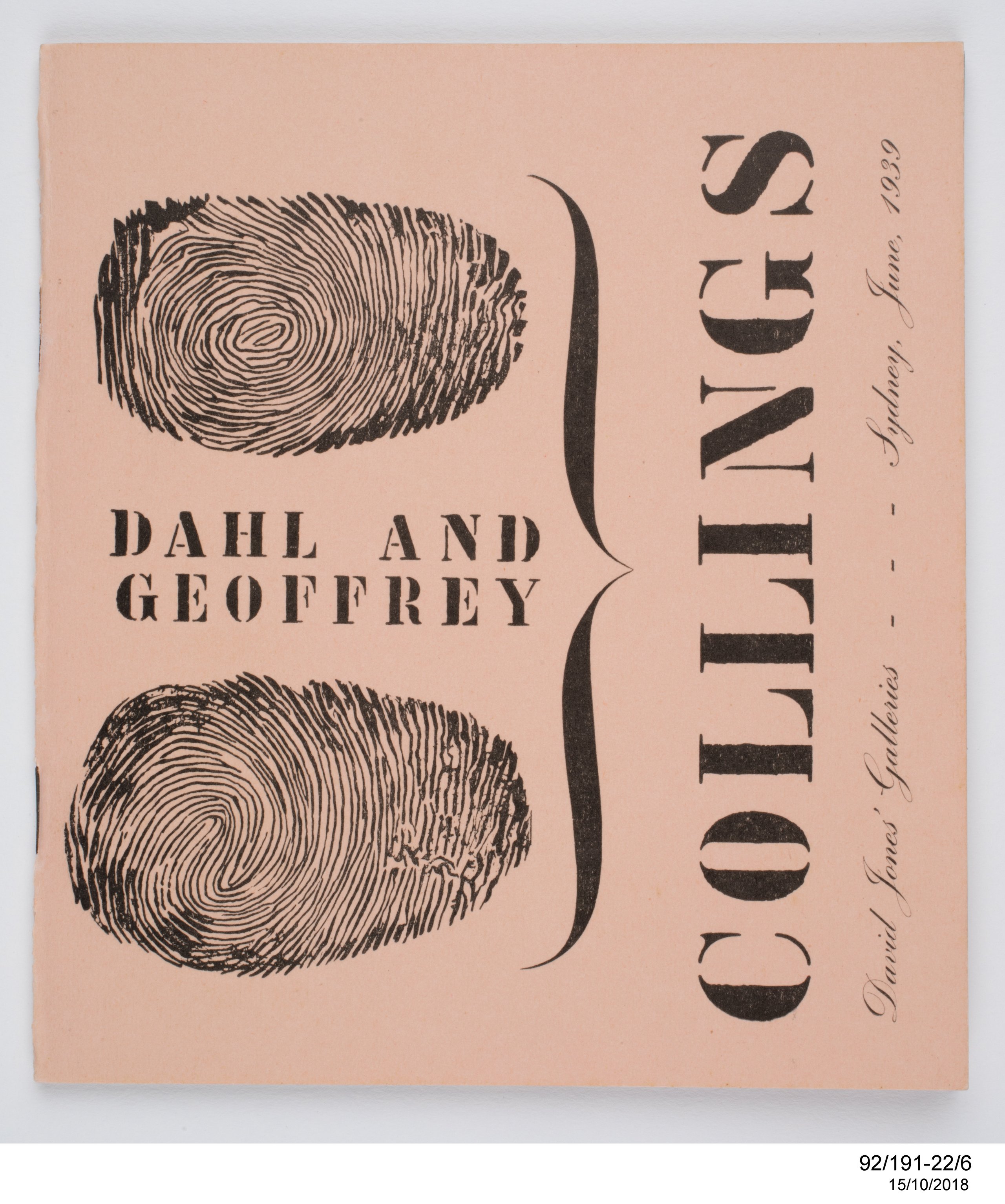 Exhibition catalogue for Dahl & Geoffrey Collings' exhibition at the David Jones Gallery
