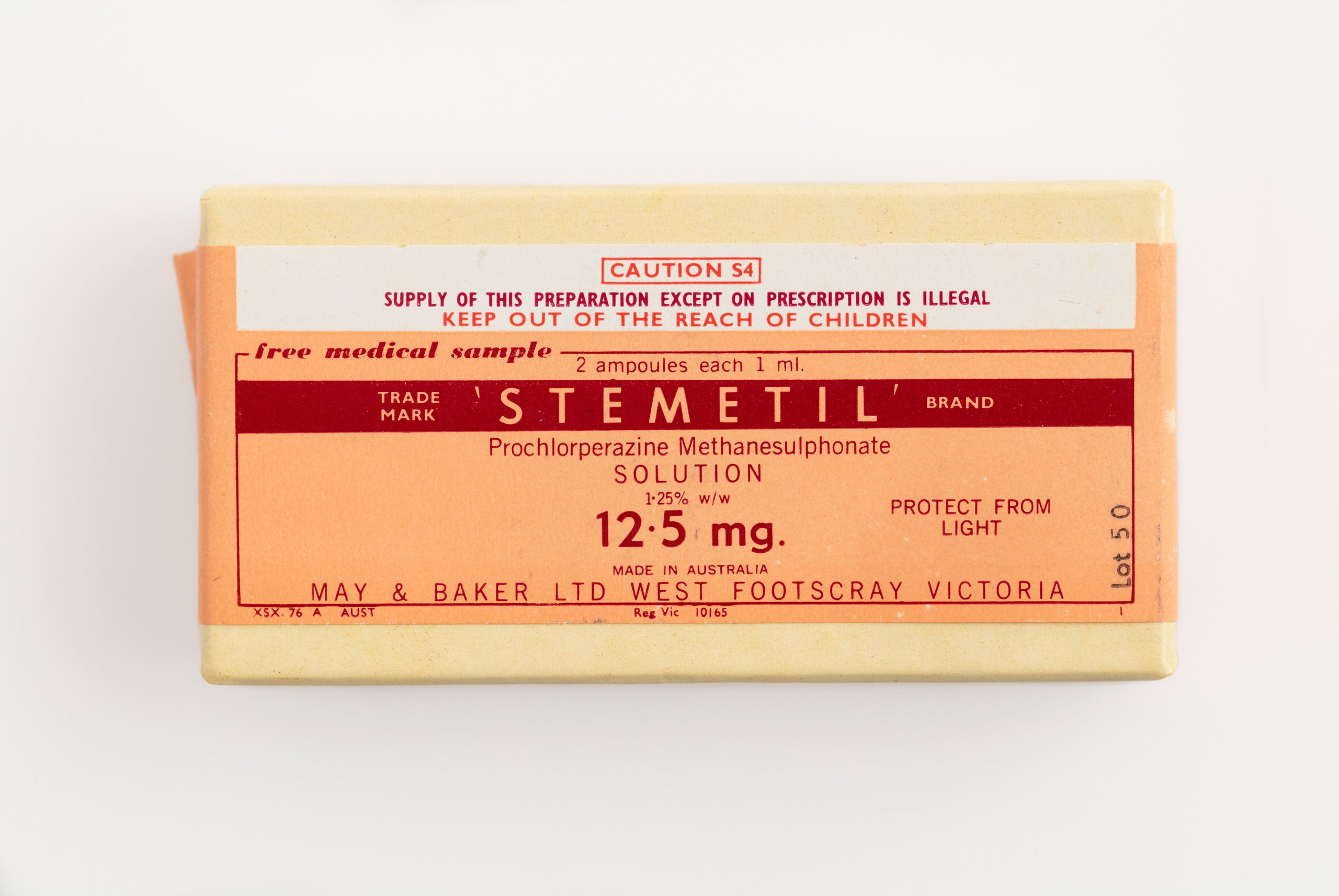 Empty 'Stemetil' medicine box with information sheet
