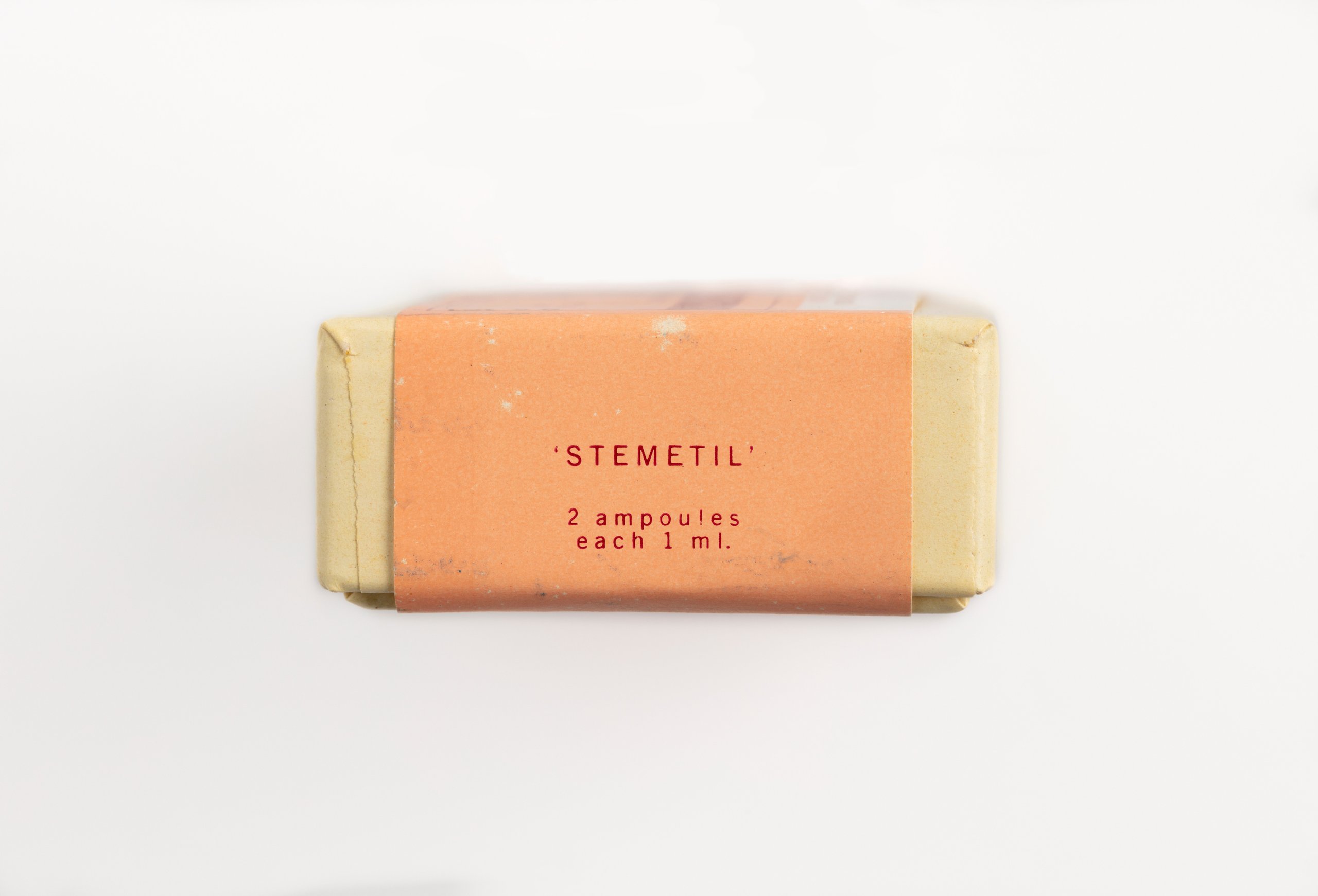 Empty 'Stemetil' medicine box with information sheet