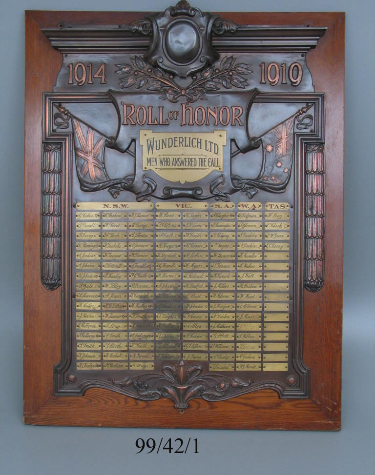 World War I 'Roll of Honour' board made by Wunderlich