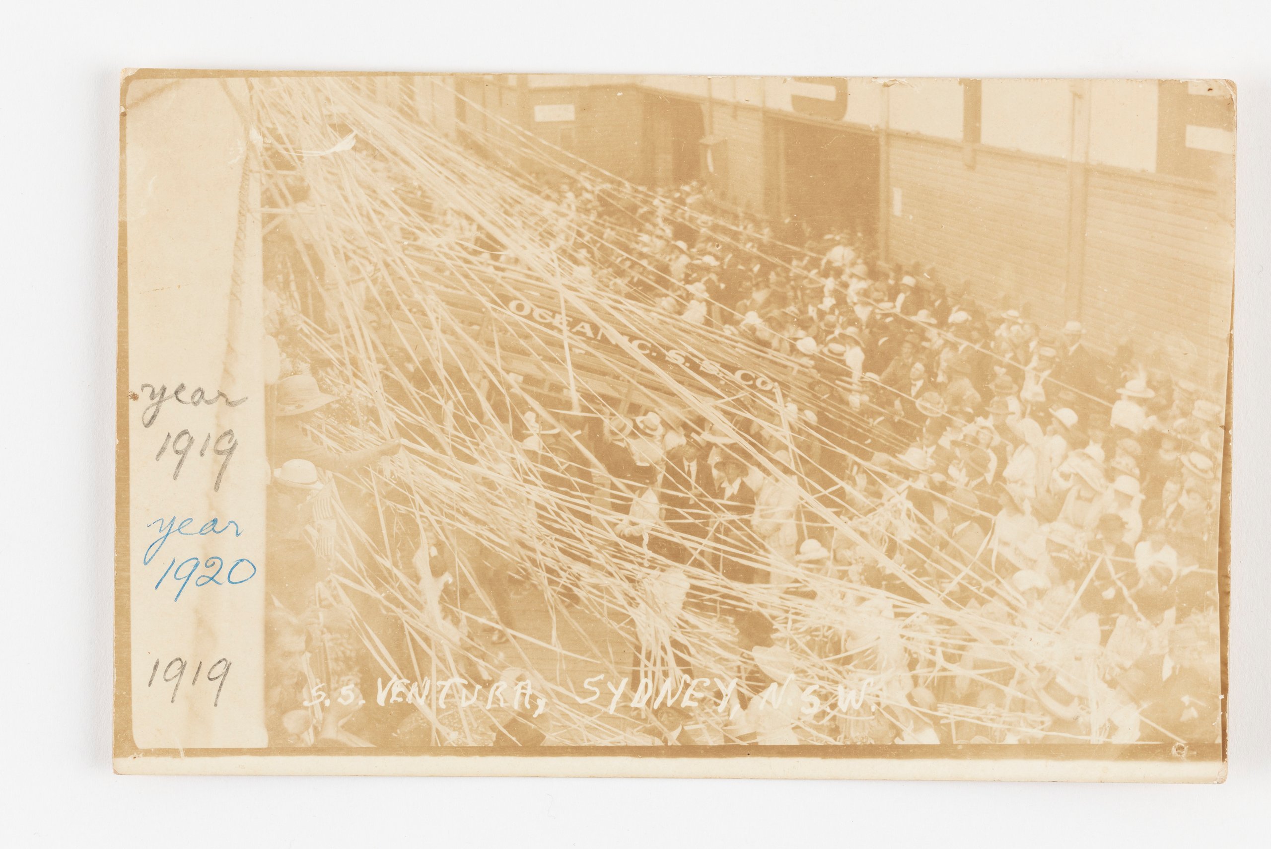 Postcard of SS Ventura leaving Sydney