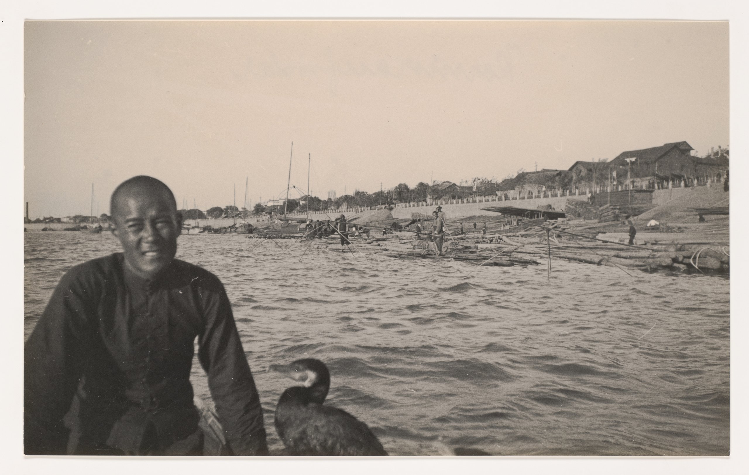 Photograph depicting boatman and cormorants