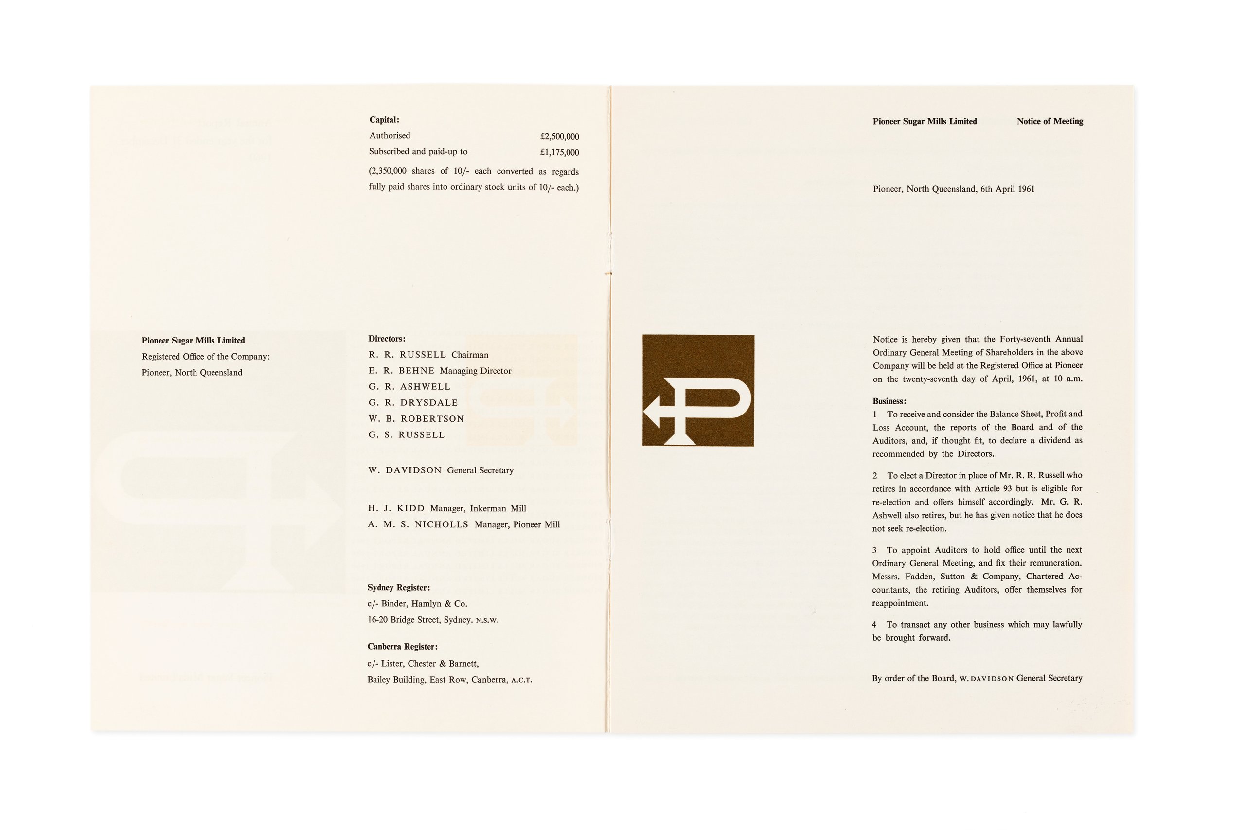 Pioneer Sugar Mills annual reports and stationery